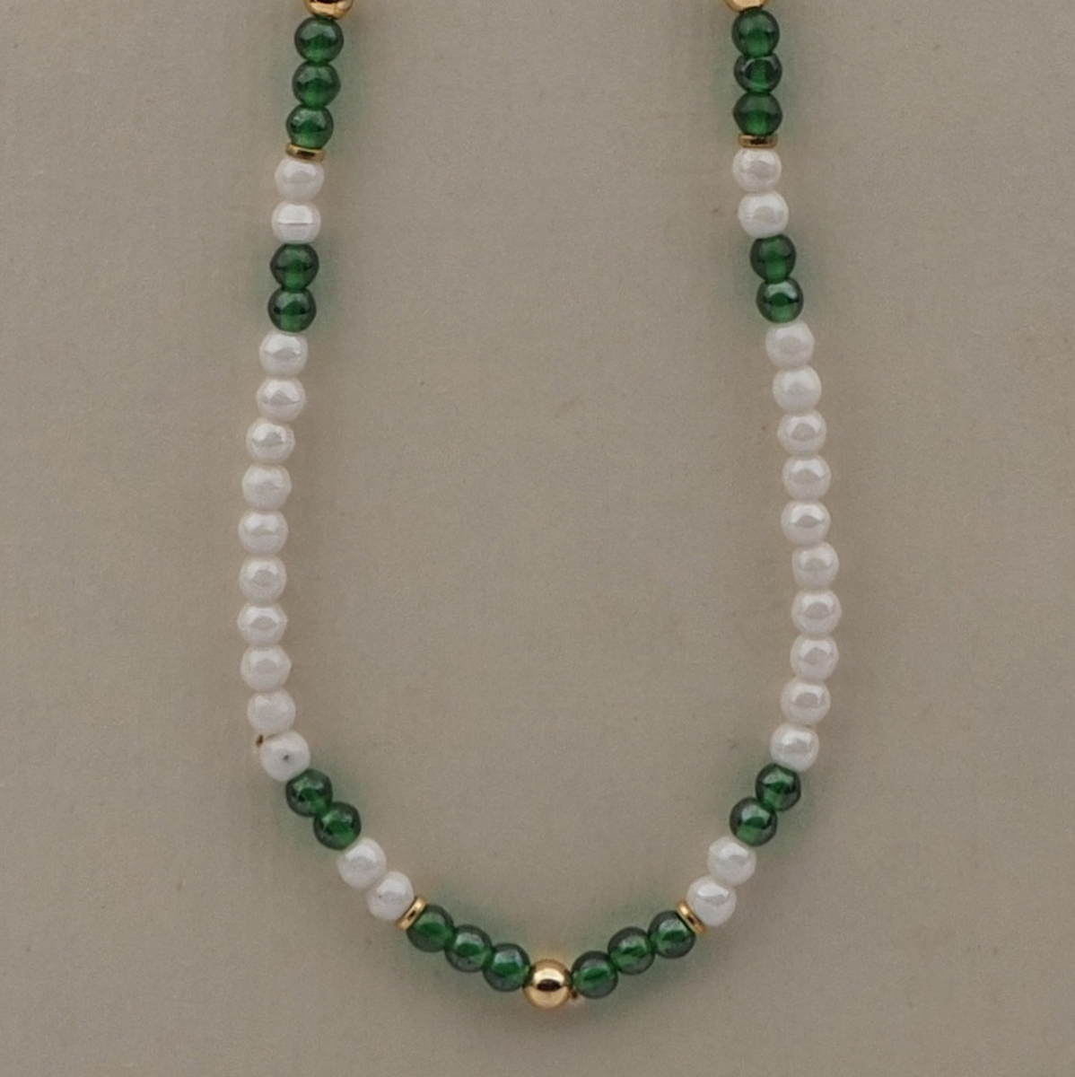 Vintage Czech necklace pearl white green round glass beads 