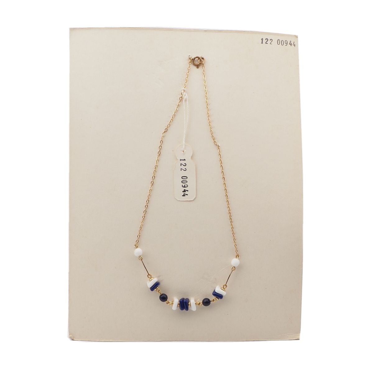 Vintage Czech gold chain necklace white blue square round glass beads 