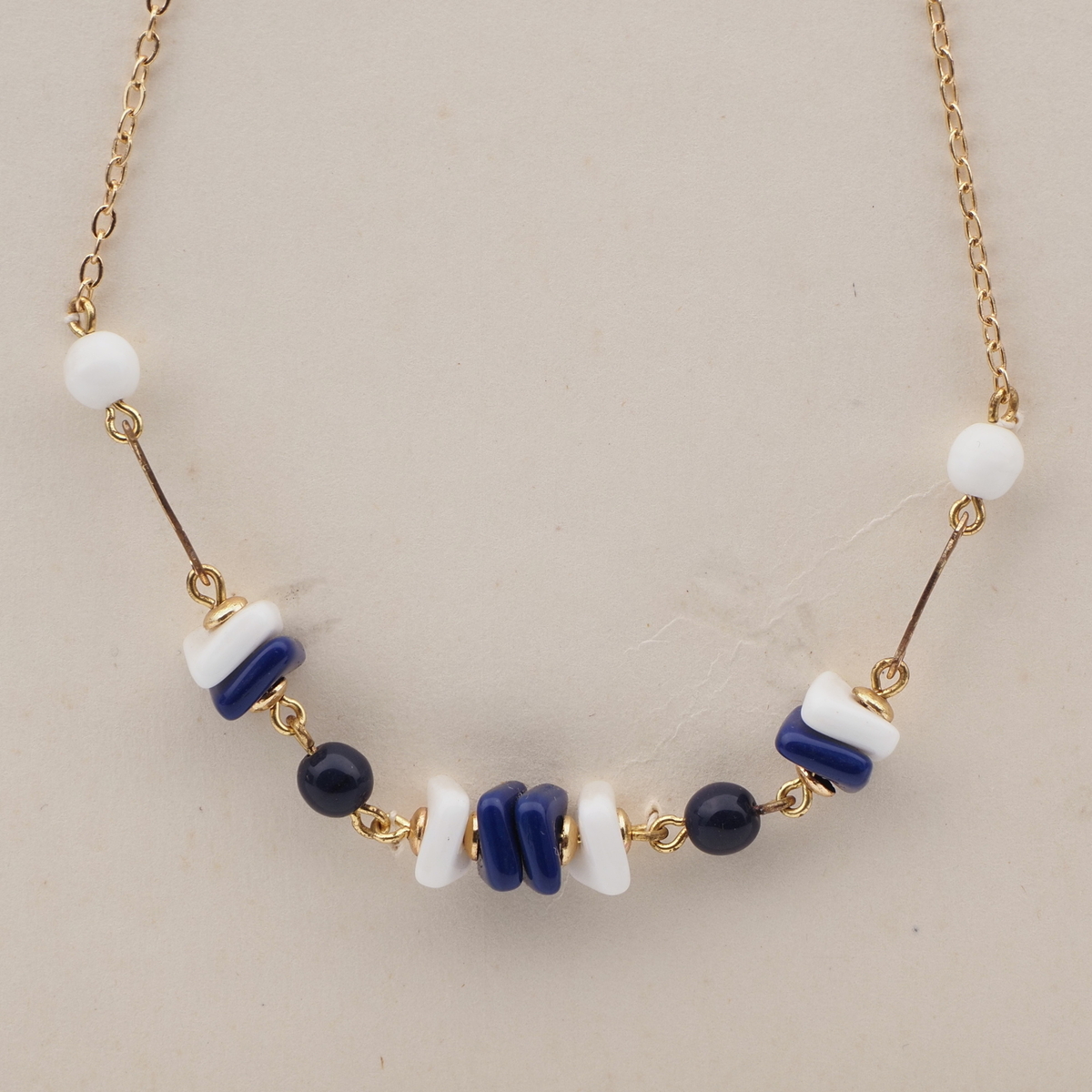 Vintage Czech gold chain necklace white blue square round glass beads 