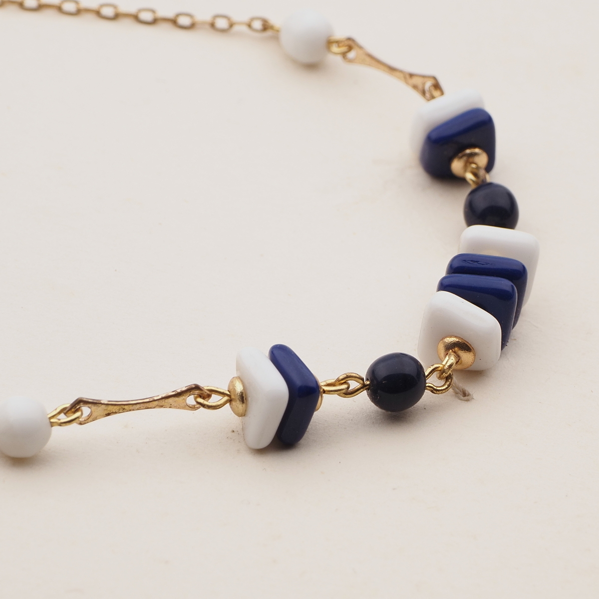 Vintage Czech gold chain necklace white blue square round glass beads 