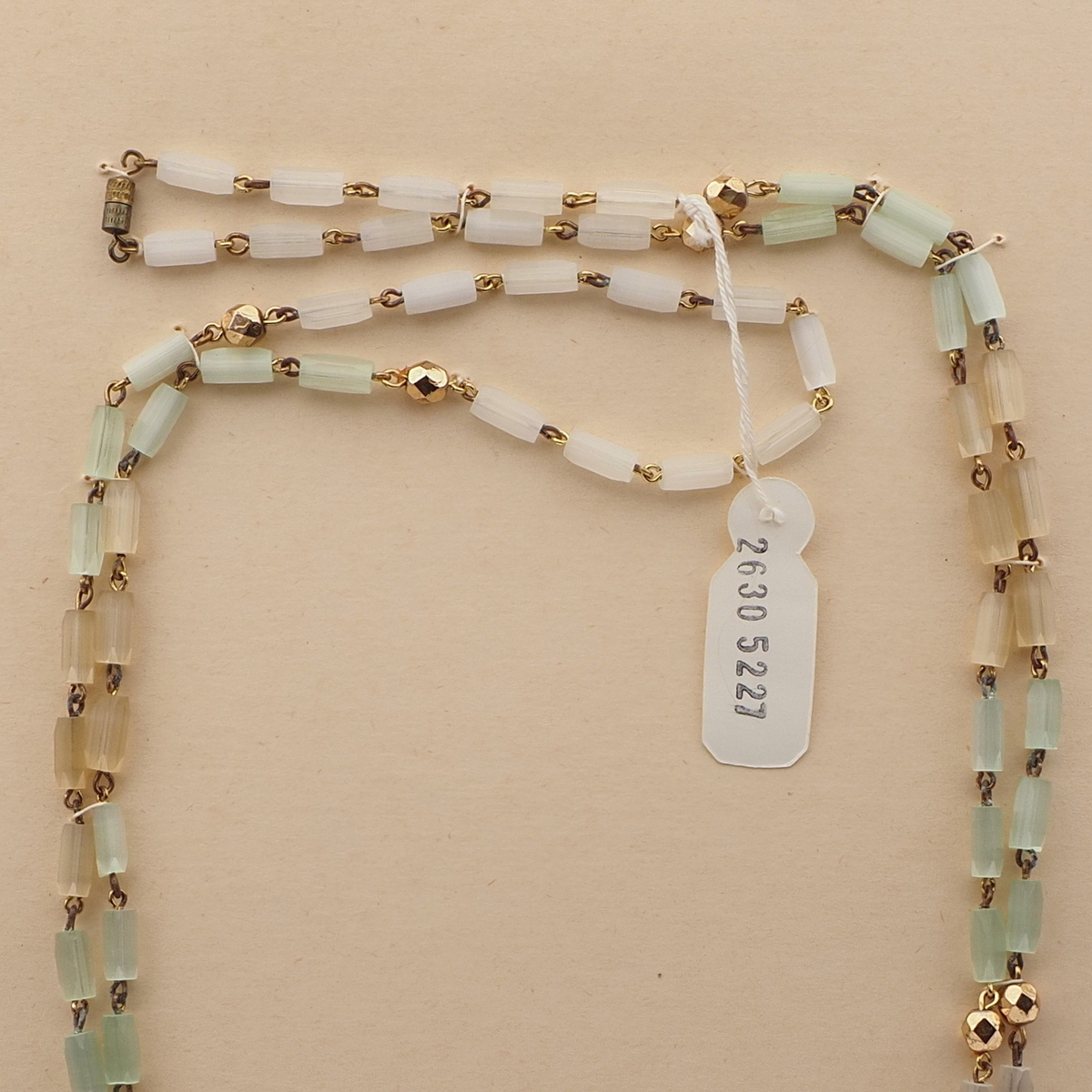 Long vintage Czech link necklace satin atlas pentagon gold glass beads 48"