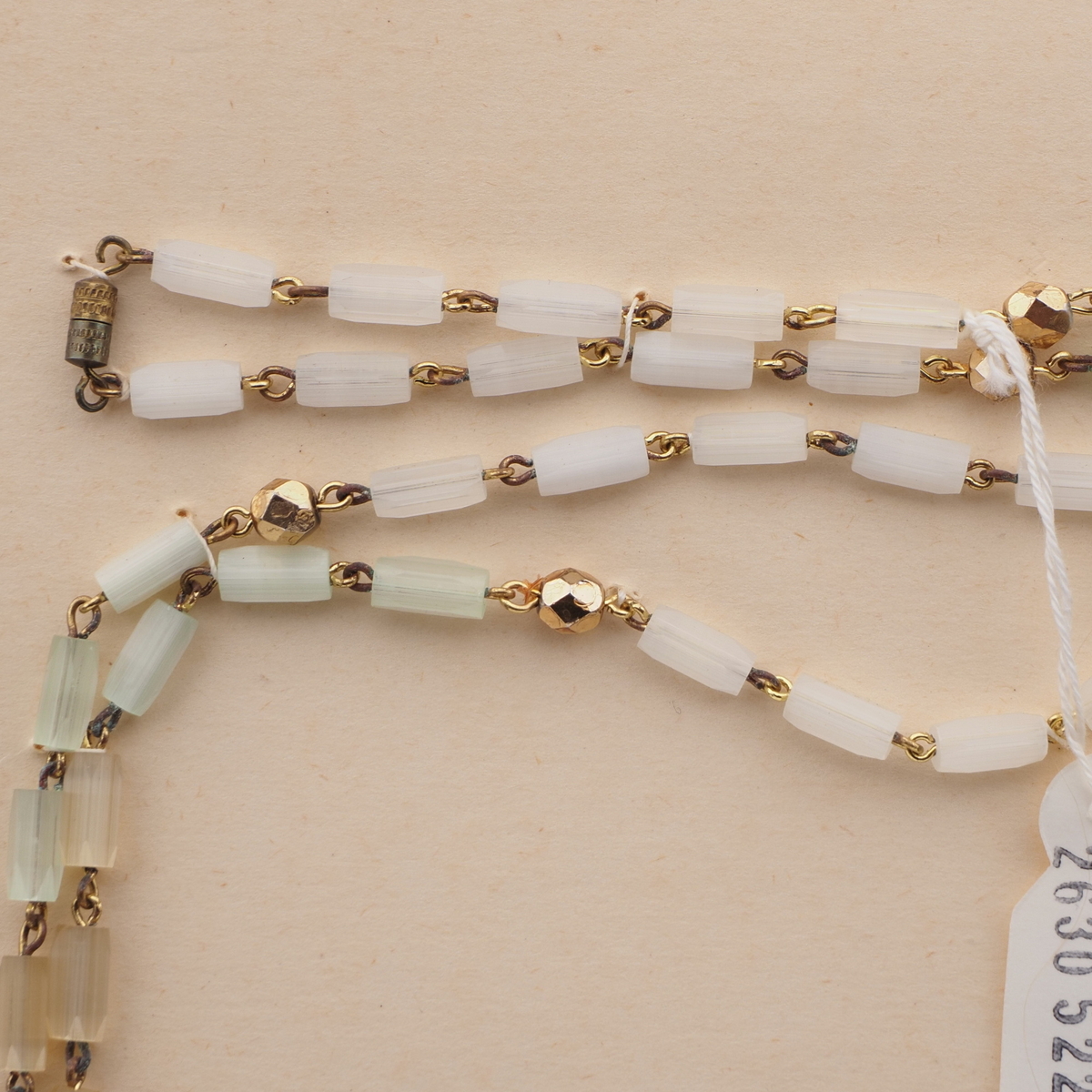 Long vintage Czech link necklace satin atlas pentagon gold glass beads 48"