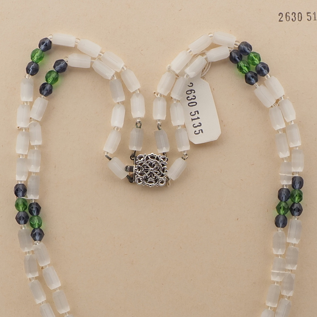 Vintage Czech 2 strand necklace satin atlas pentagon green purple glass beads 