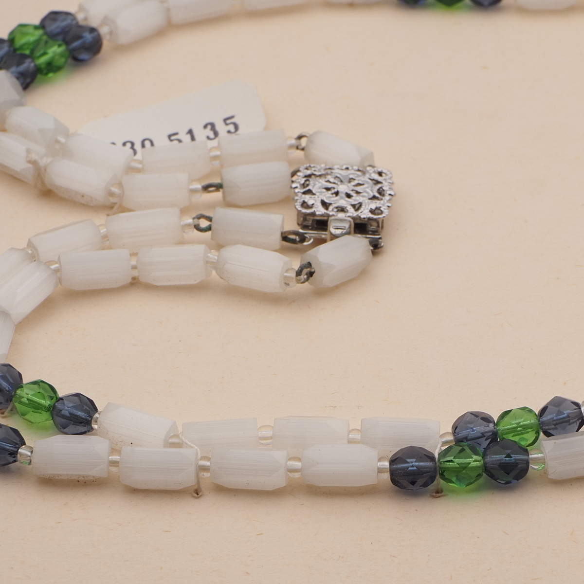 Vintage Czech 2 strand necklace satin atlas pentagon green purple glass beads 