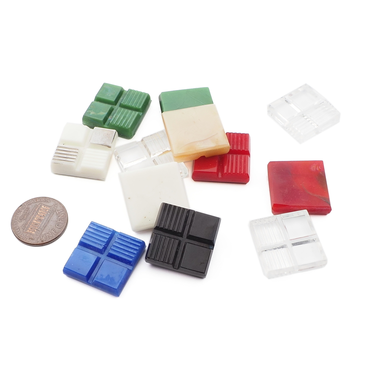 Lot (12) Czech Deco geometric square glass shankless buttons cabochons 20mm