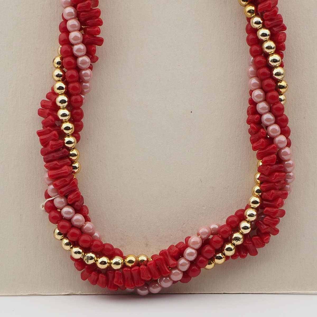 Vintage Czech 4 strand necklace red pink gold glass beads