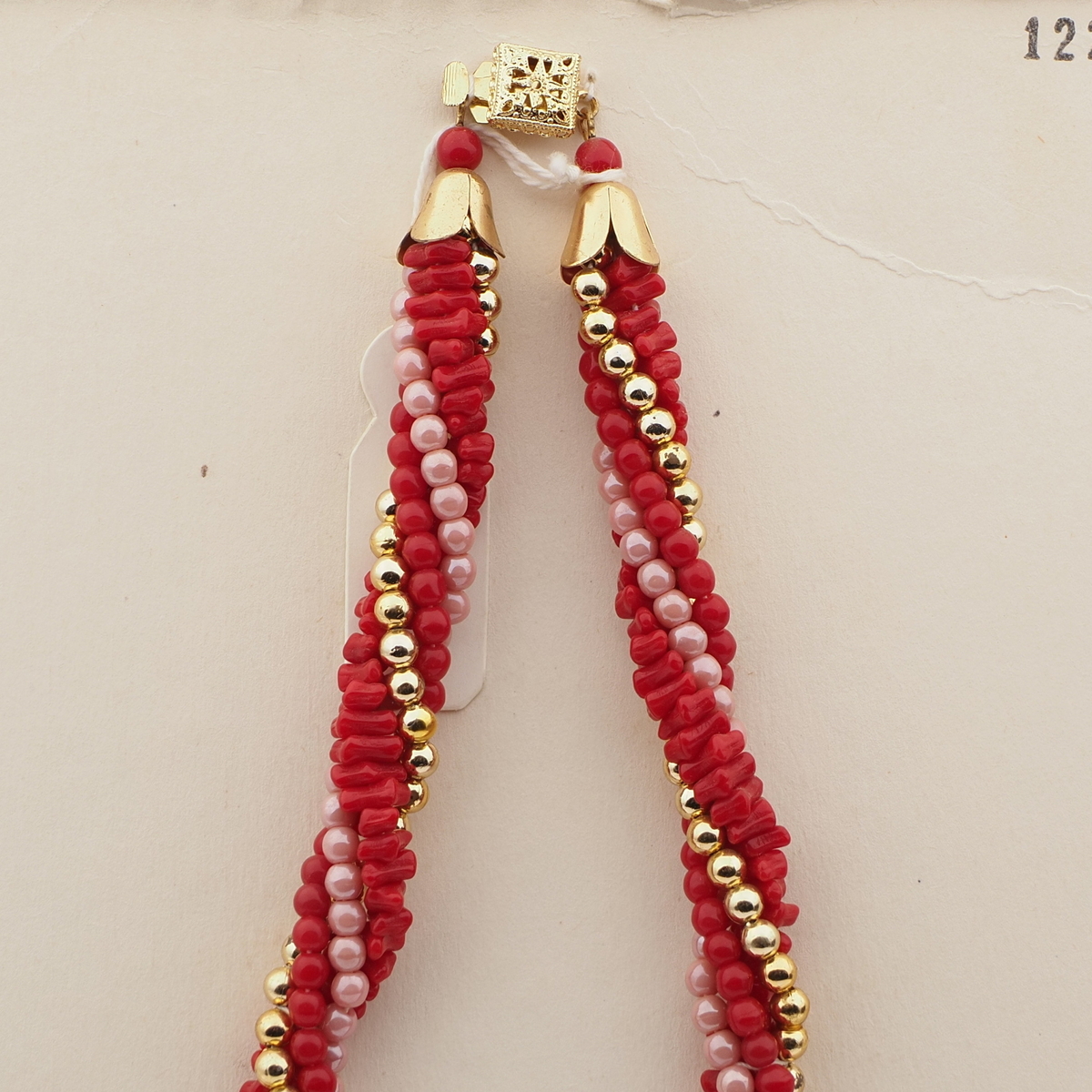 Vintage Czech 4 strand necklace red pink gold glass beads