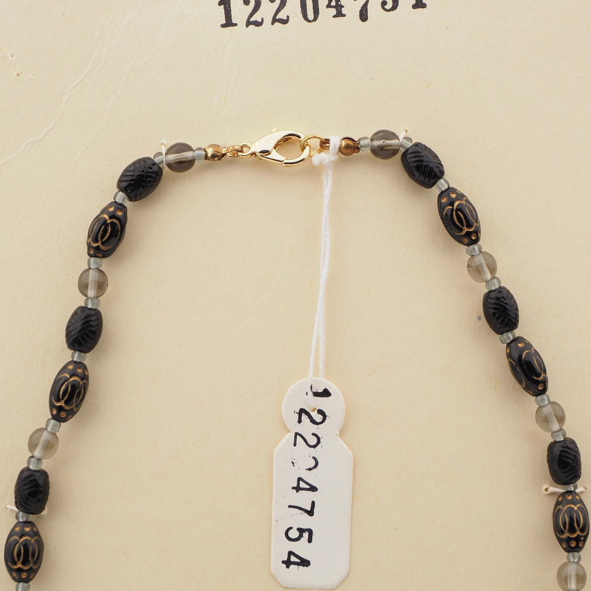 Vintage Czech necklace Egyptian revival style gold gilt black glass beads 