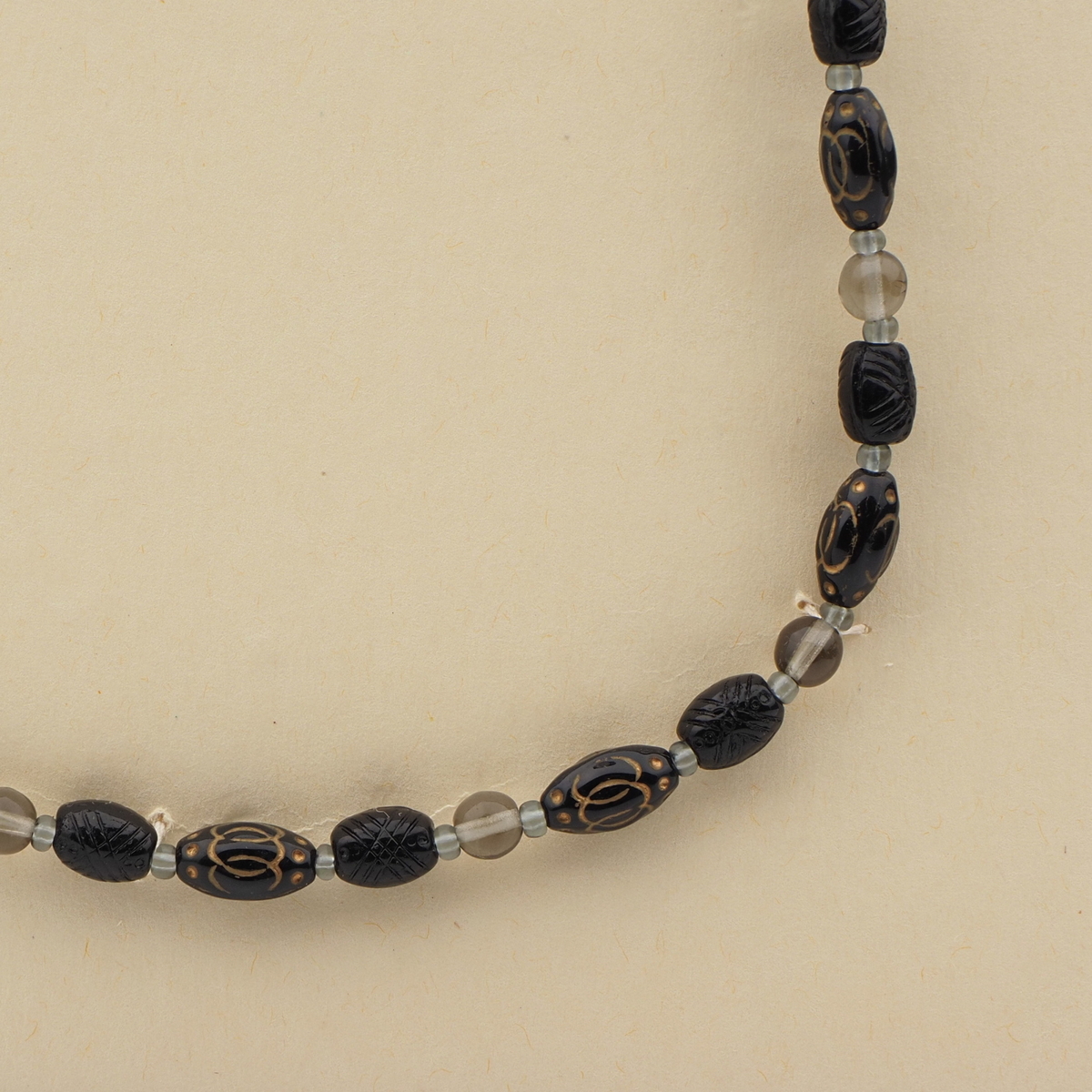 Vintage Czech necklace Egyptian revival style gold gilt black glass beads 