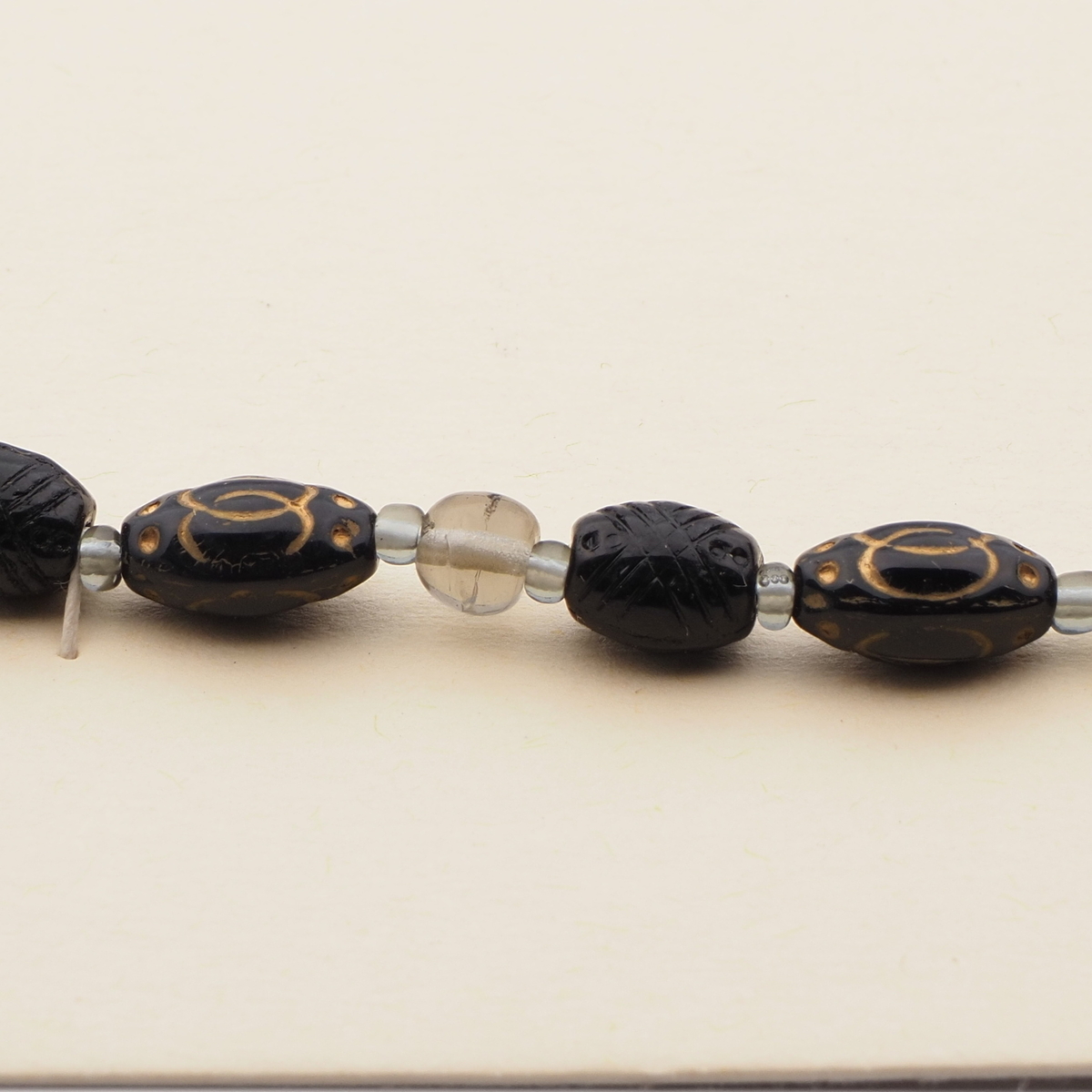 Vintage Czech necklace Egyptian revival style gold gilt black glass beads 
