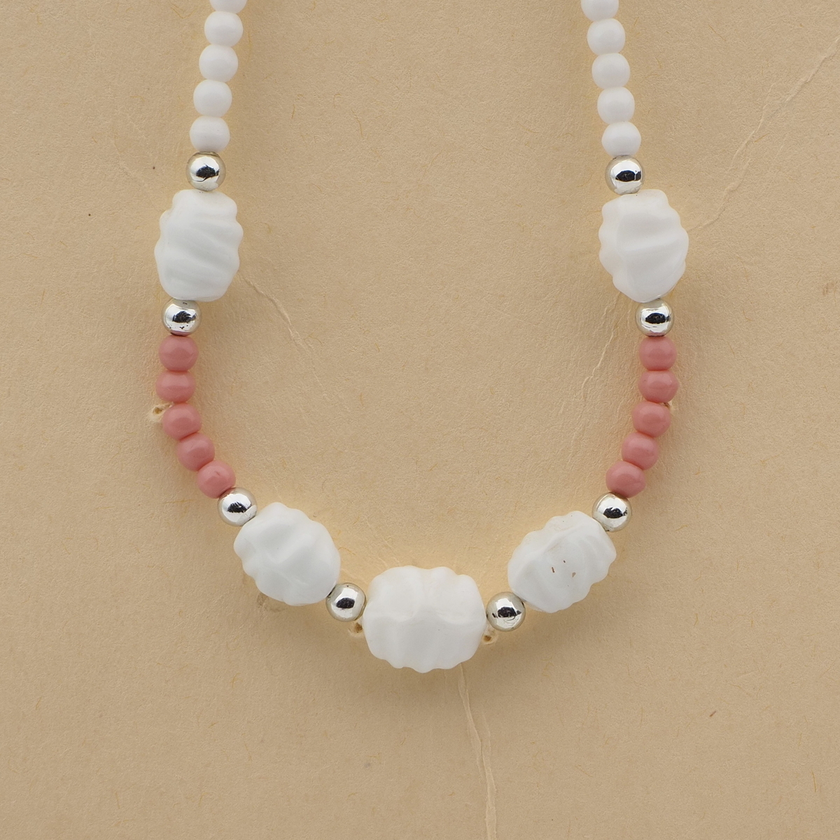 Vintage Czech necklace pink white glass beads 