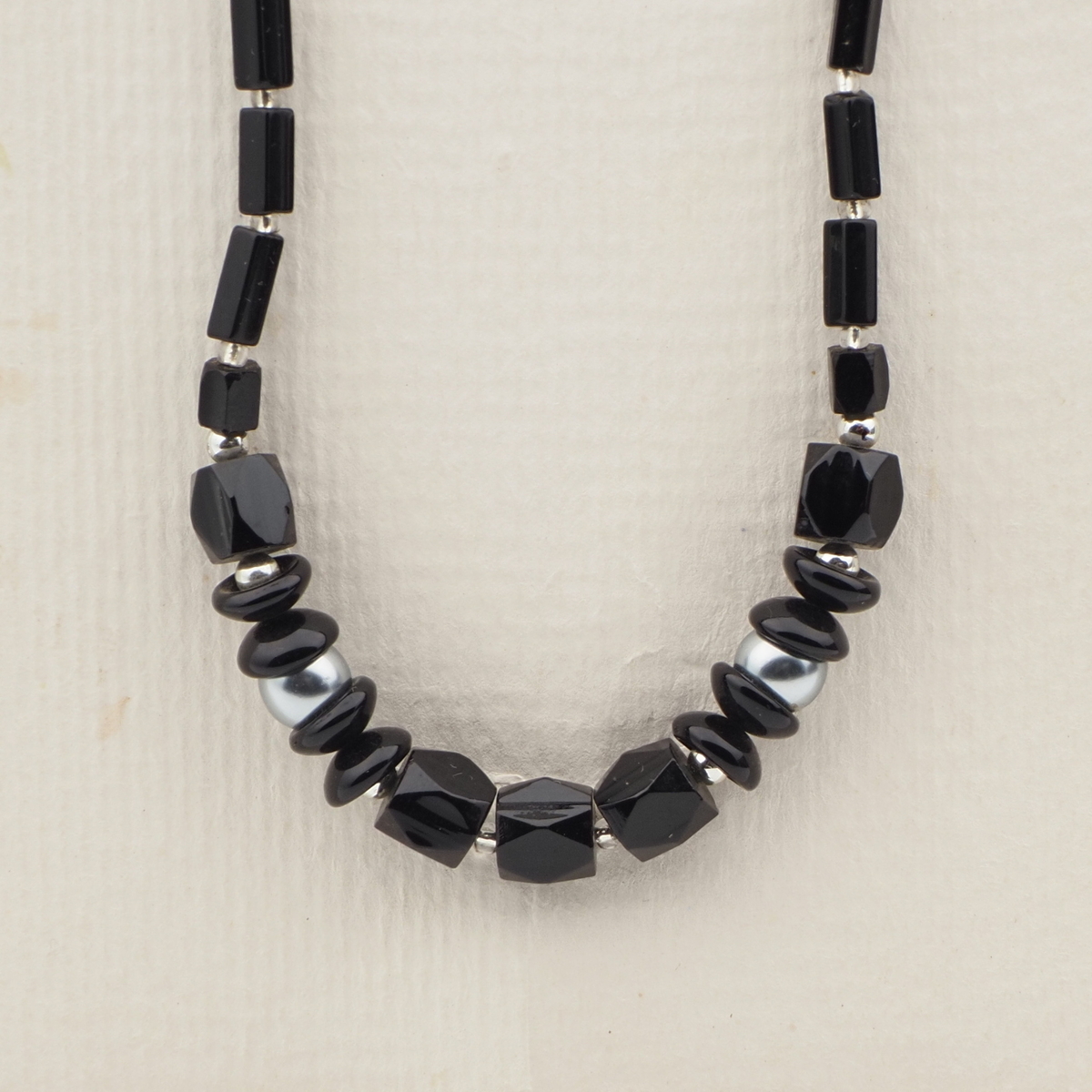 Vintage Czech necklace black rondelle pentagon pearl glass beads 