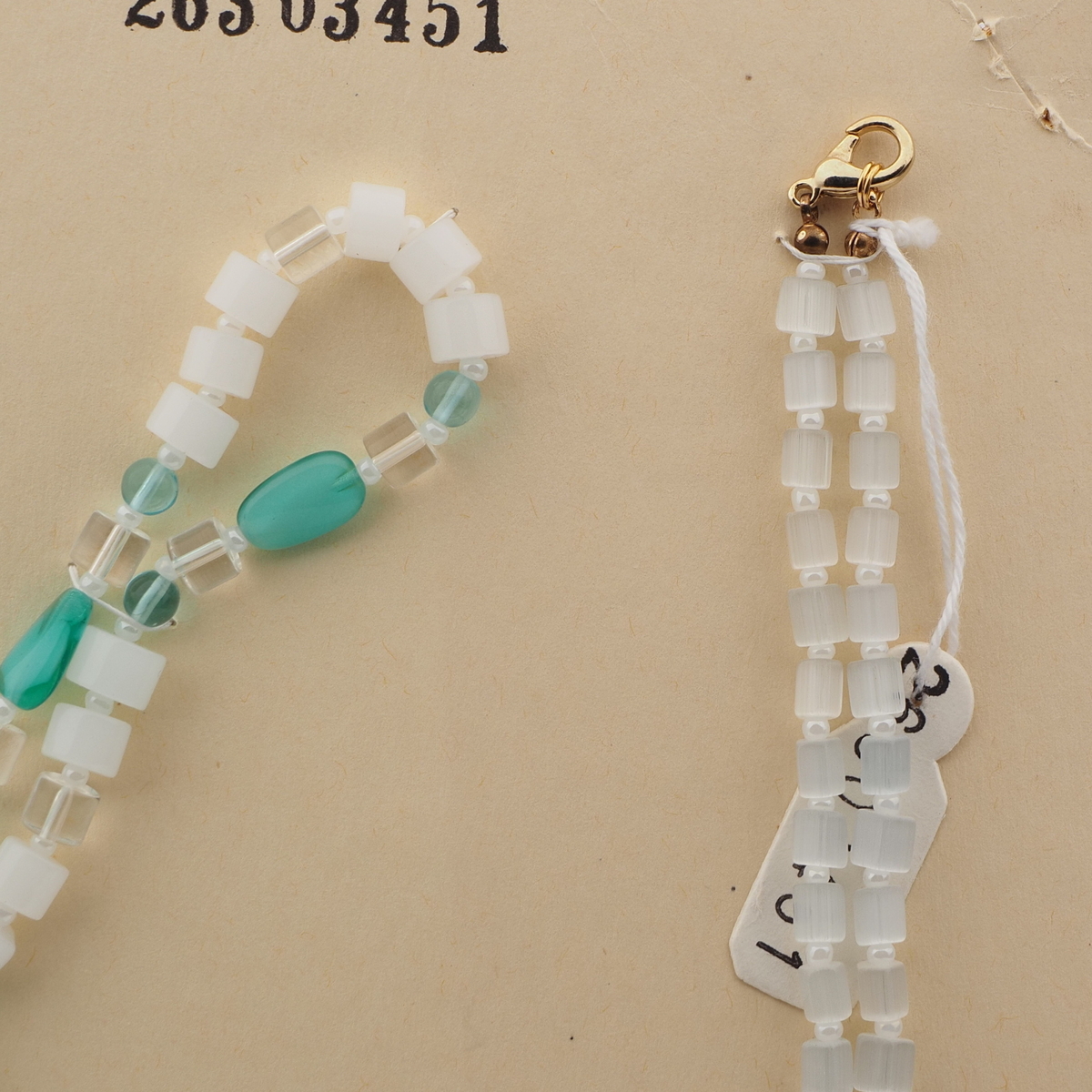 Vintage Czech necklace opaline clear aqua bicolor satin atlas glass beads 
