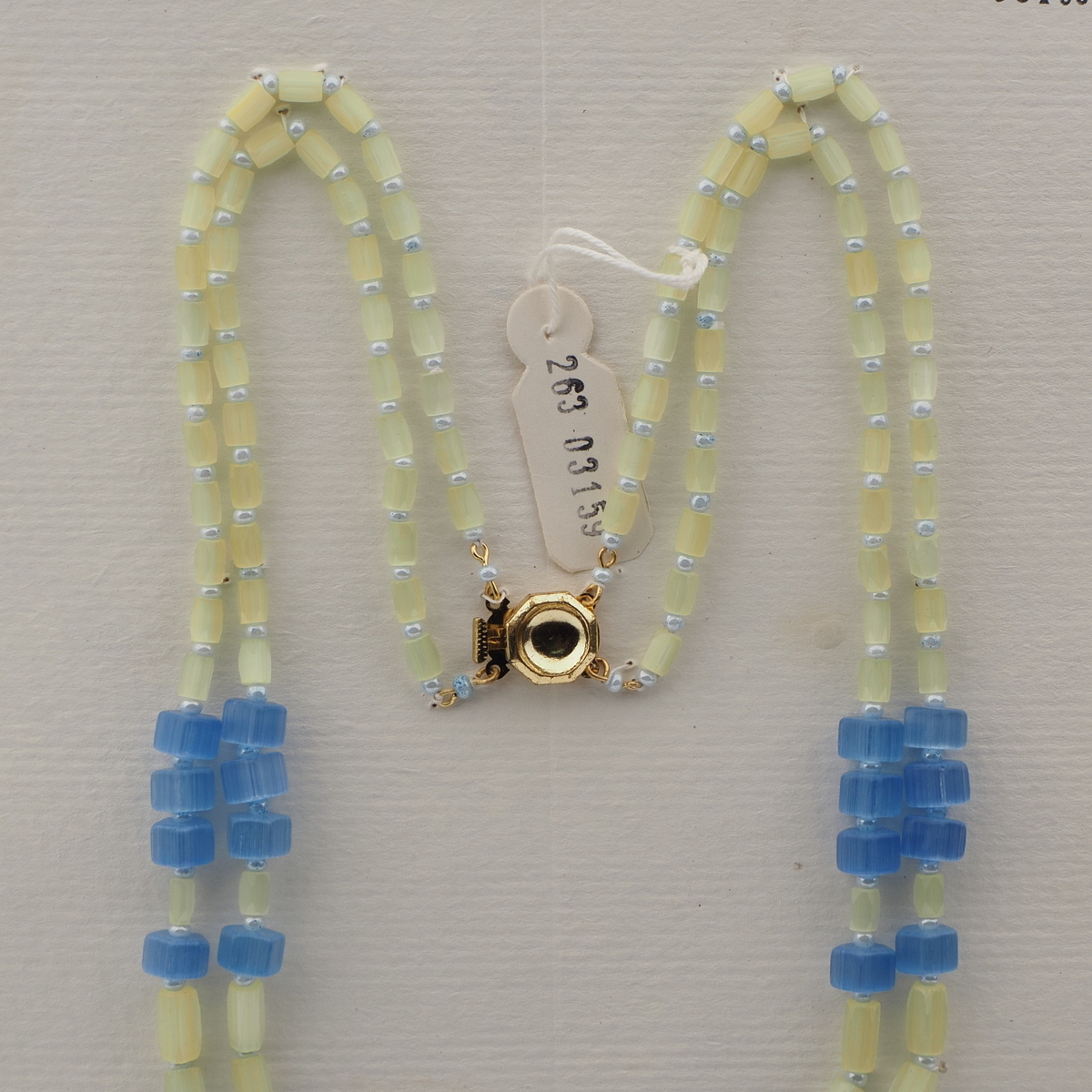 Vintage Czech 2 strand necklace yellow blue satin atlas glass beads 