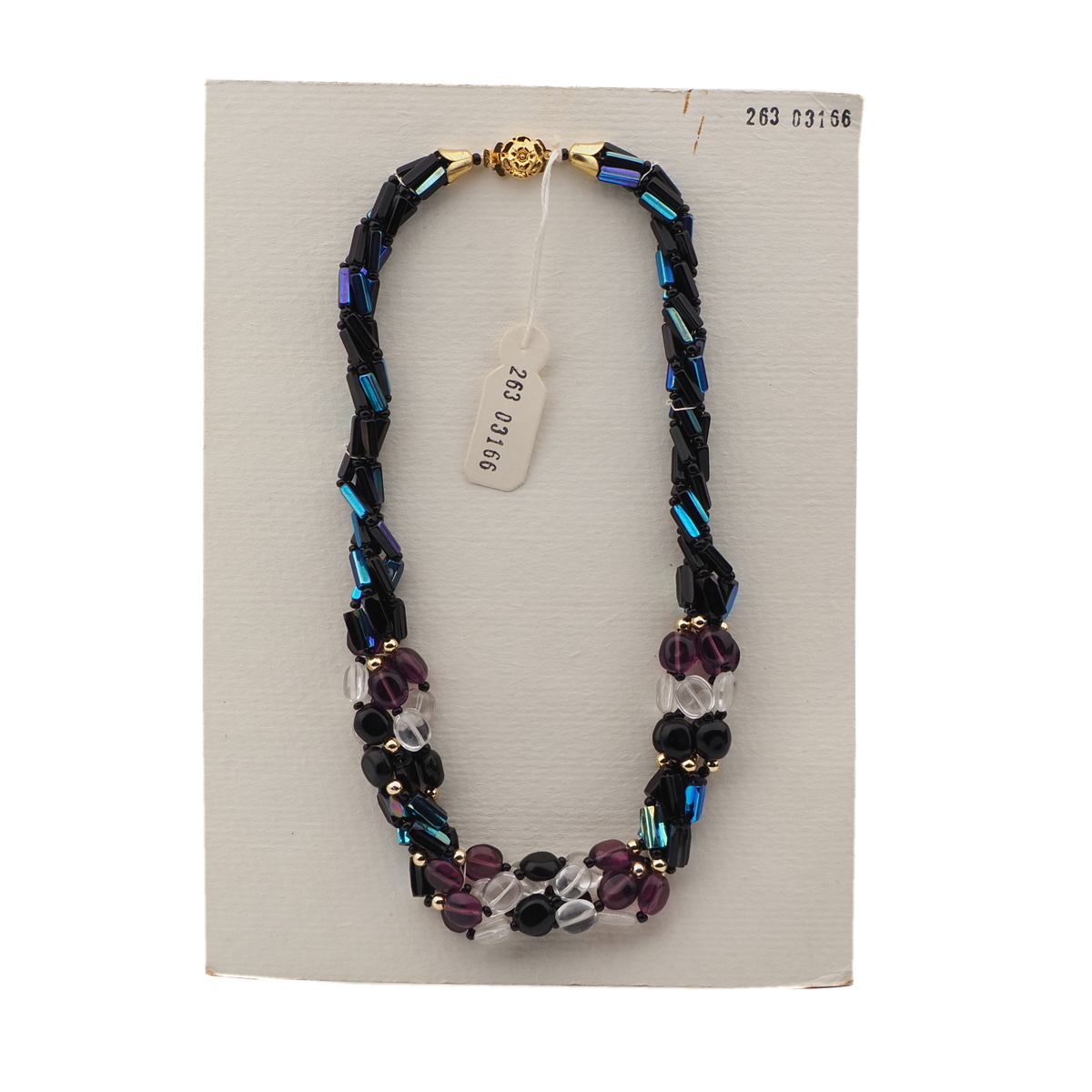 Vintage Czech 4 strand necklace black vitrail clear purple glass beads 