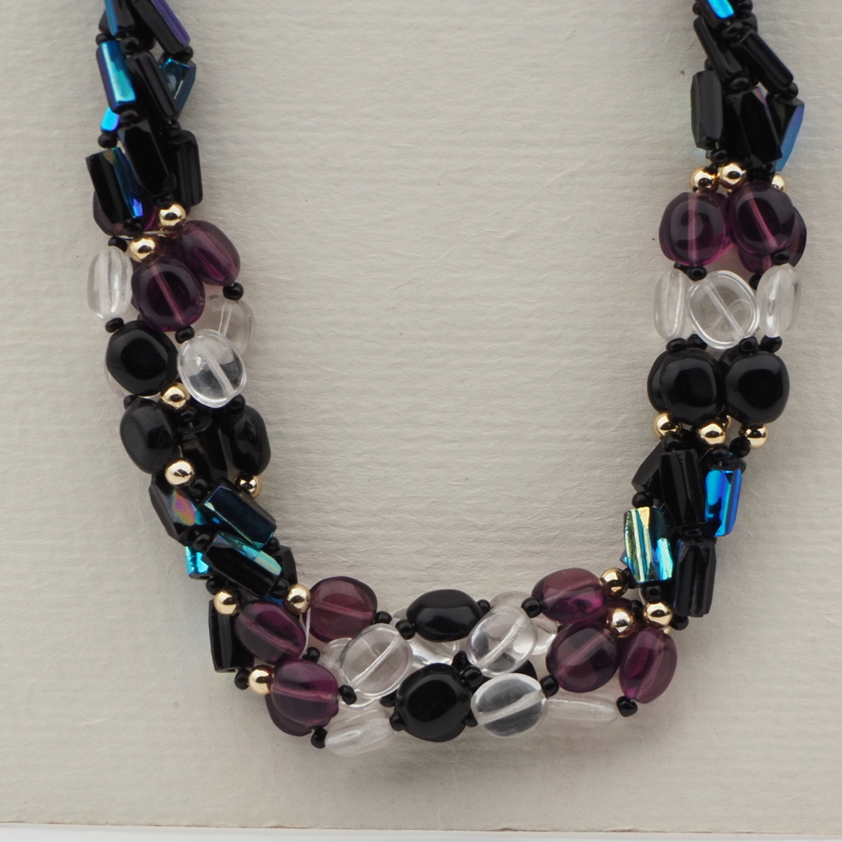 Vintage Czech 4 strand necklace black vitrail clear purple glass beads 