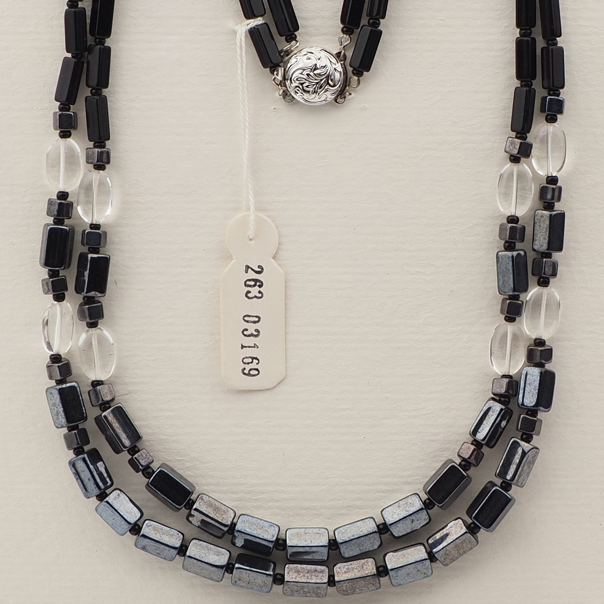 Vintage Czech 2 strand necklace black clear hematite glass beads 