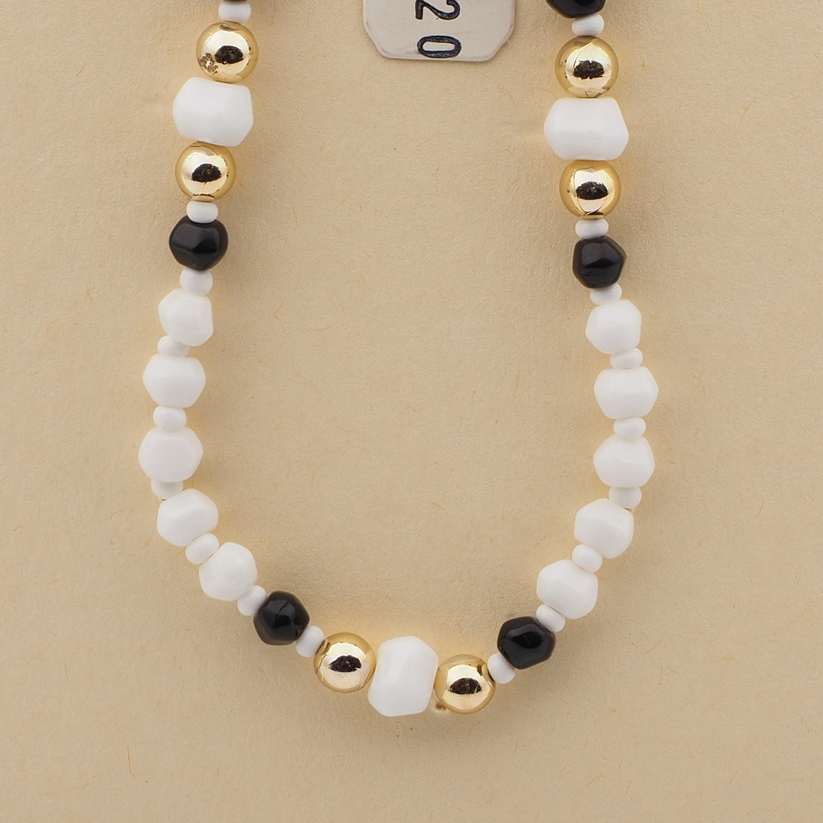 Vintage Czech necklace black white hexagon faceted gold glass beads 17"