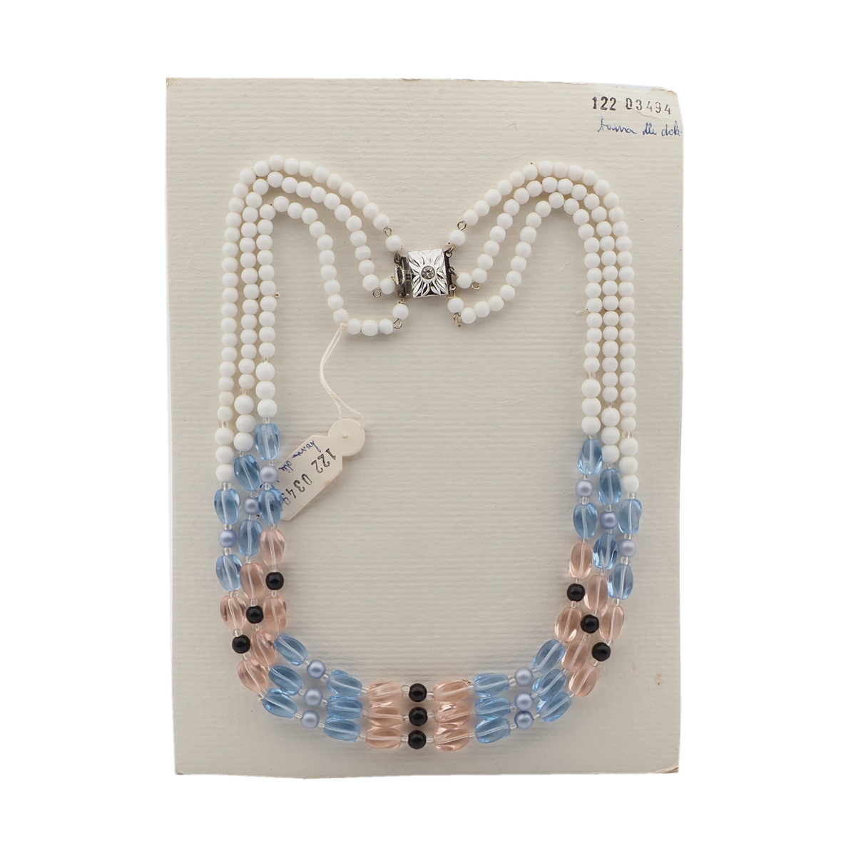 Vintage Czech 3 strand necklace white blue pink pearl glass beads 