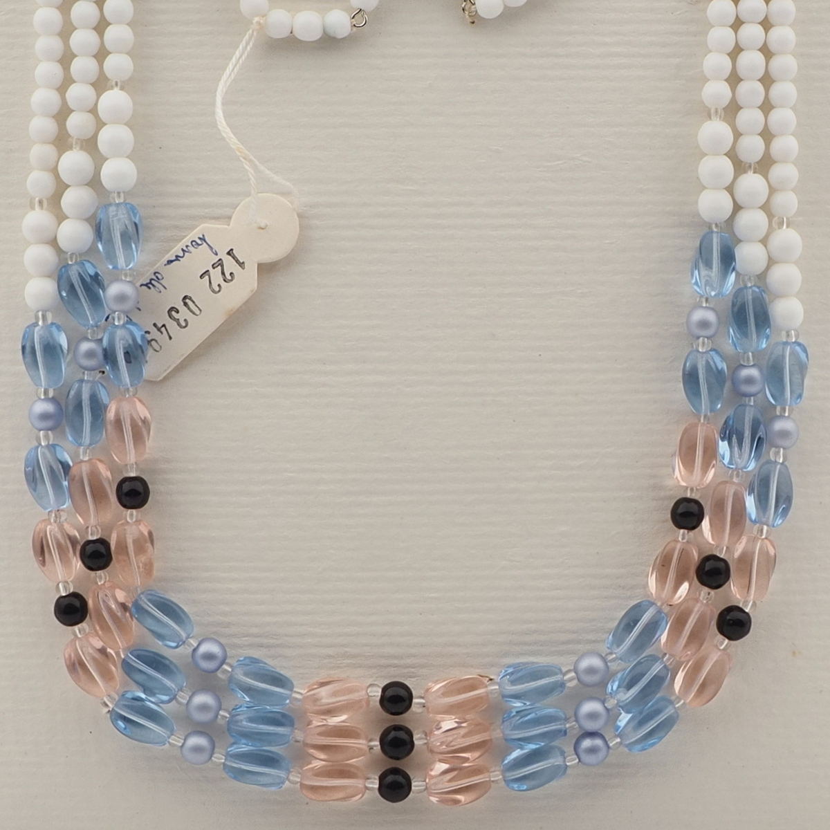 Vintage Czech 3 strand necklace white blue pink pearl glass beads 