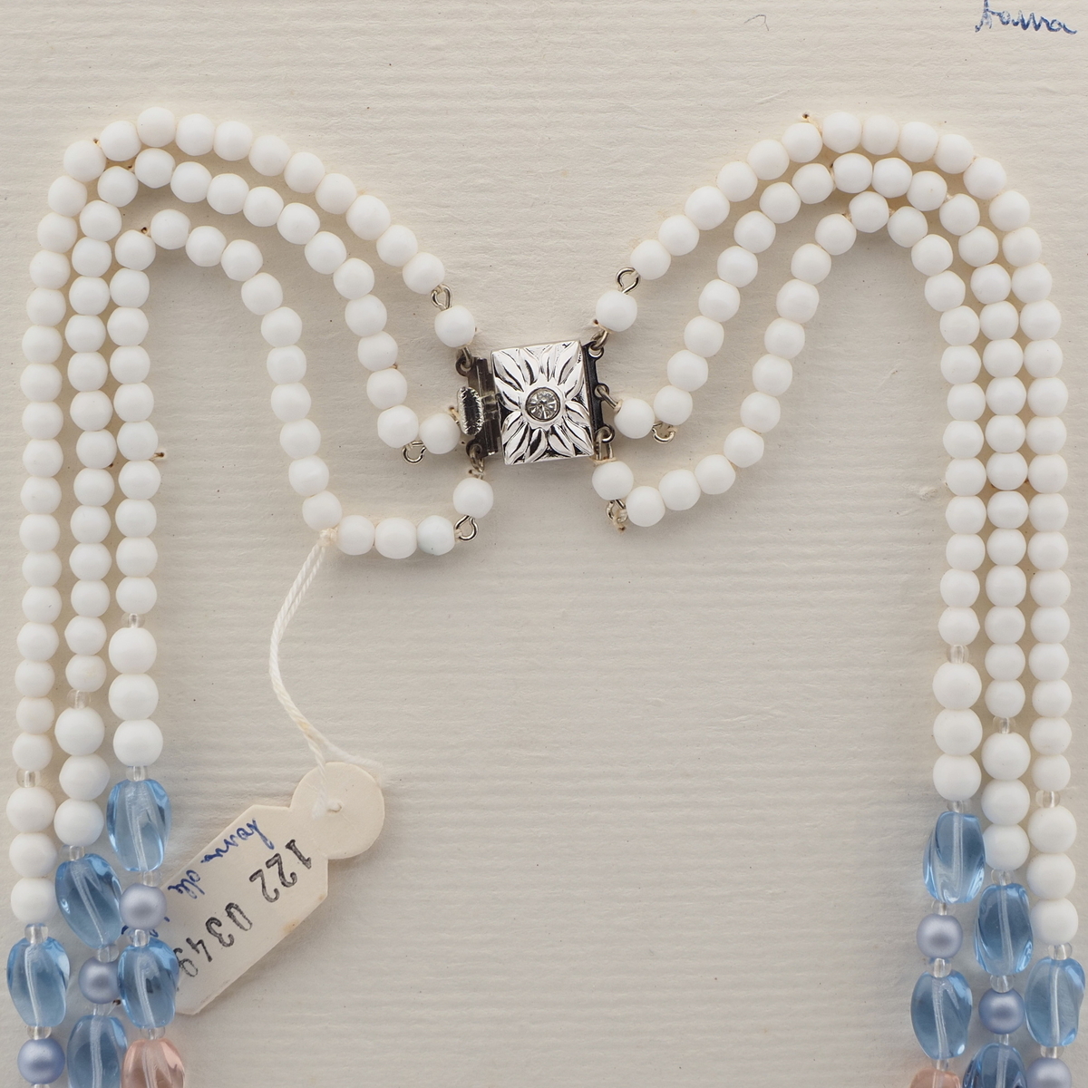 Vintage Czech 3 strand necklace white blue pink pearl glass beads 