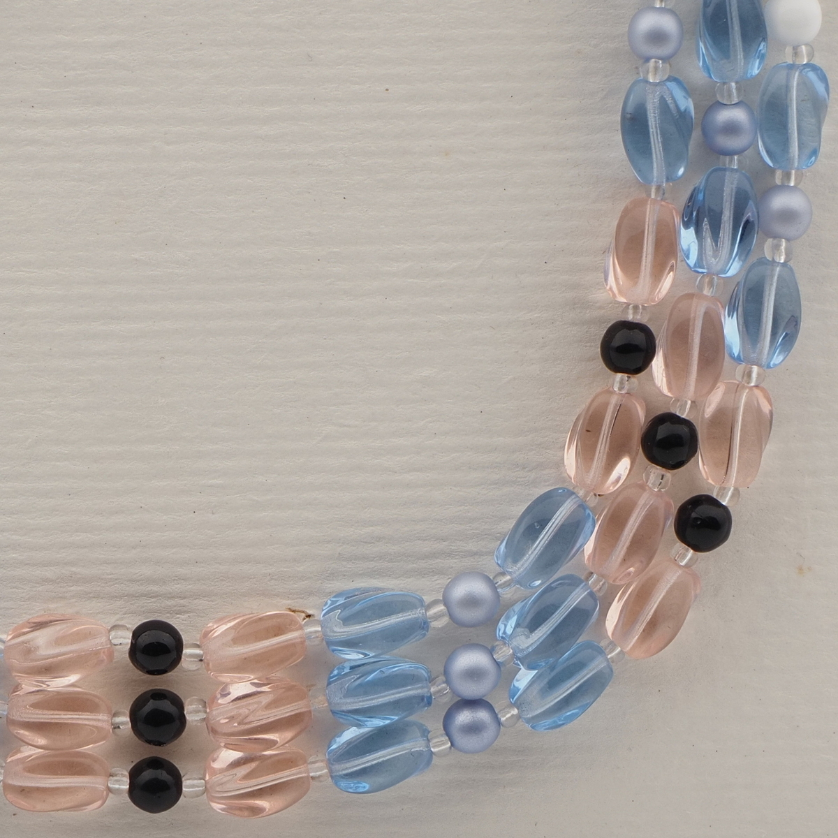 Vintage Czech 3 strand necklace white blue pink pearl glass beads 