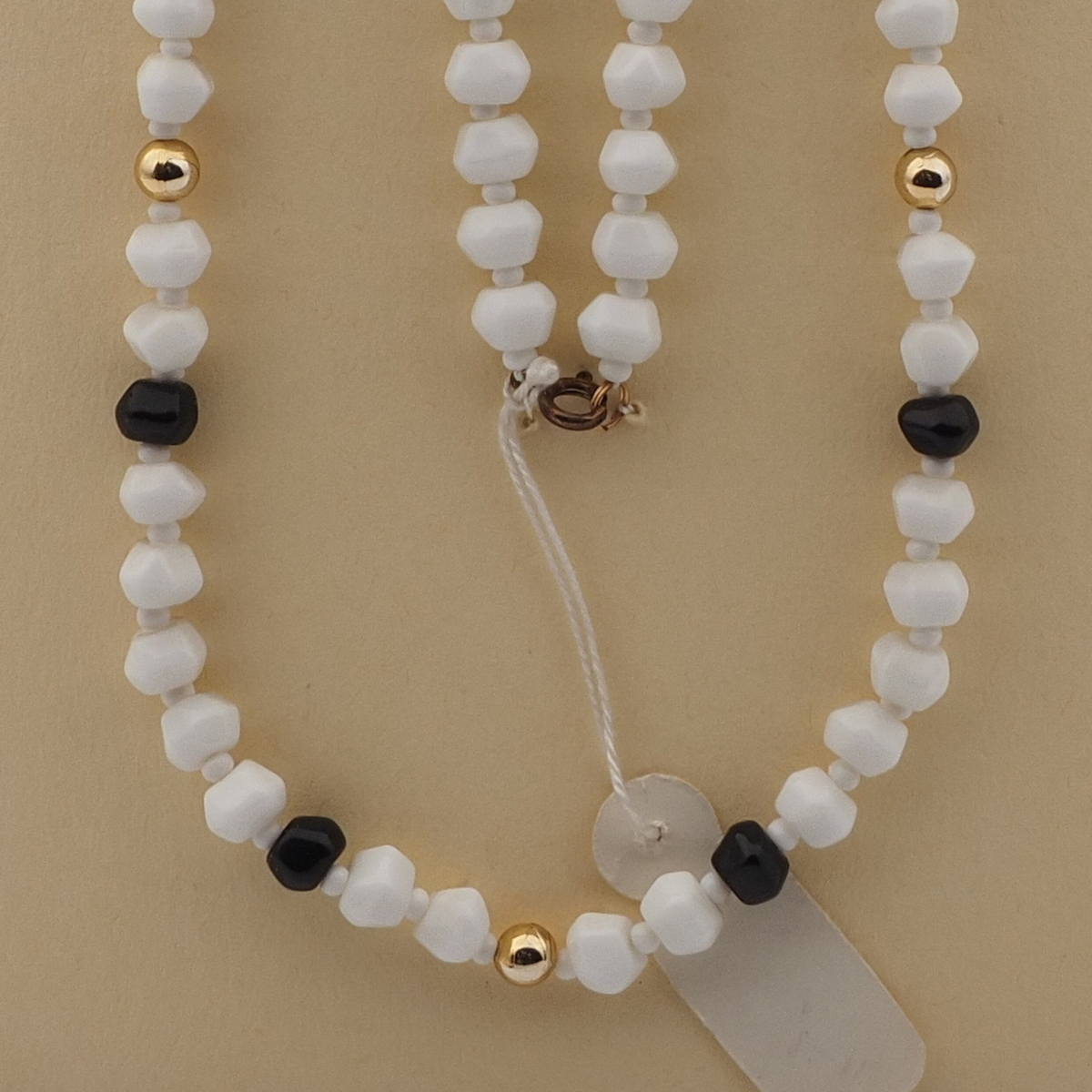Vintage Czech necklace black white hexagon faceted glass beads 24"