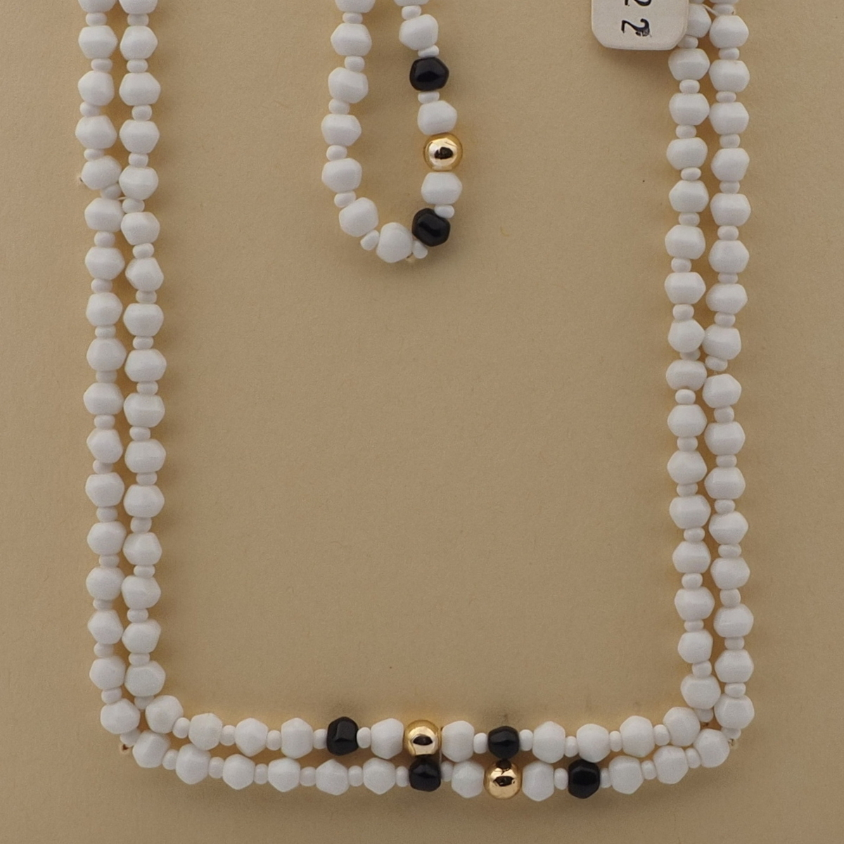 Vintage Czech necklace black white hexagon faceted gold glass beads 44"