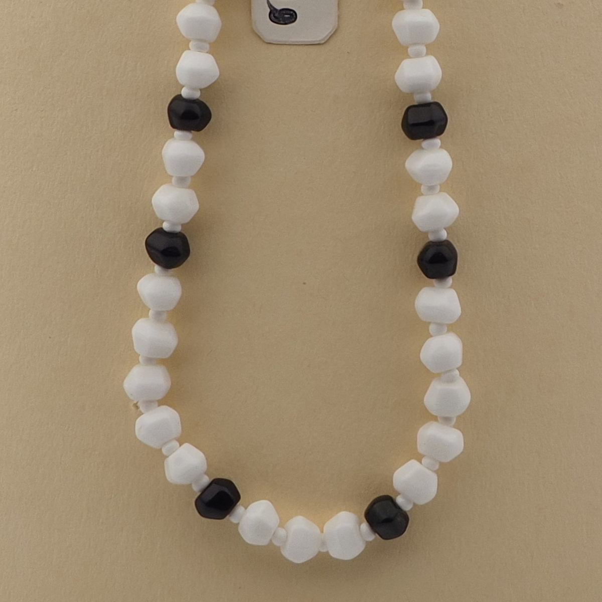 Vintage Czech necklace black white hexagon faceted glass beads 17"