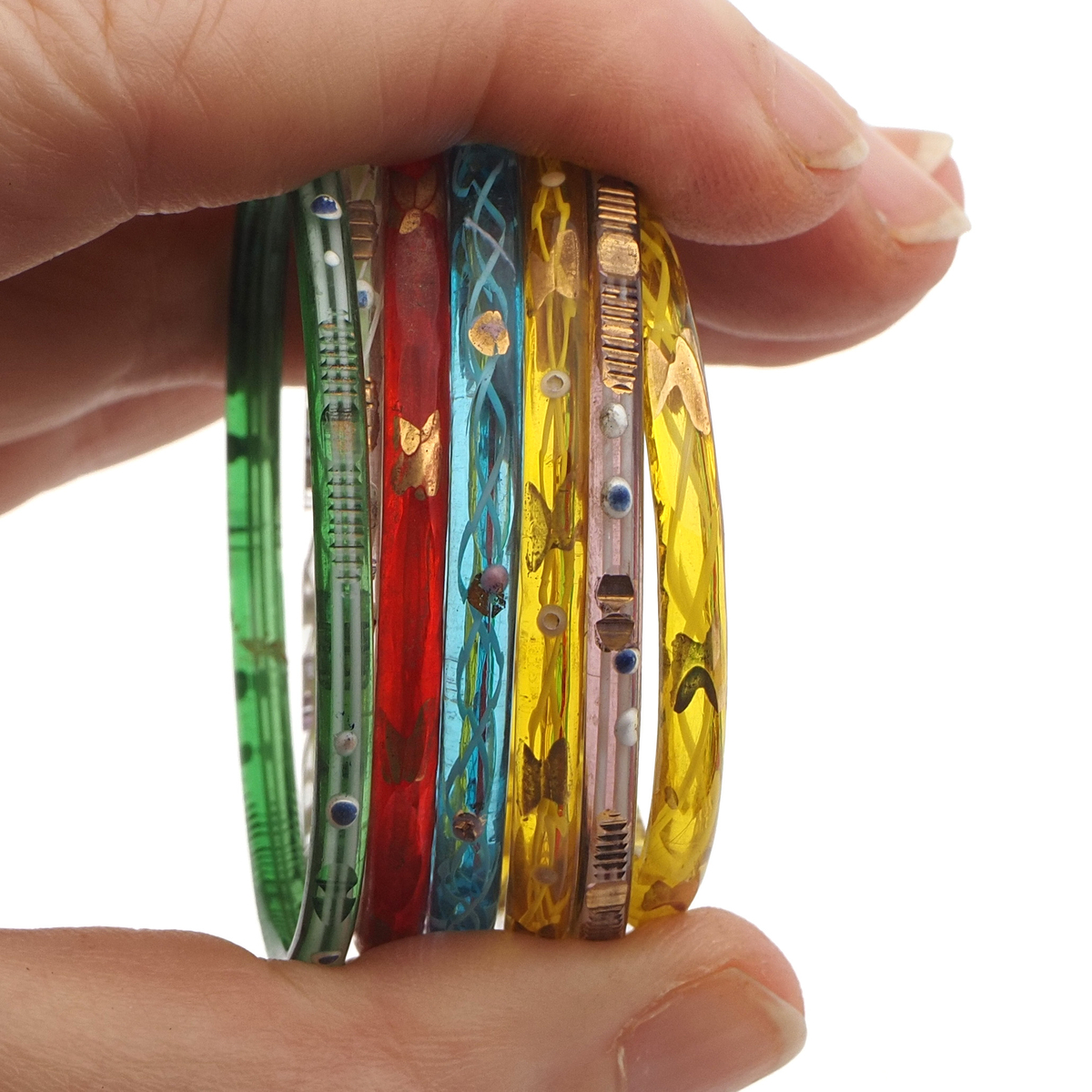 Lot 7 Antique Czech glass bangles filigree gold gilt painted