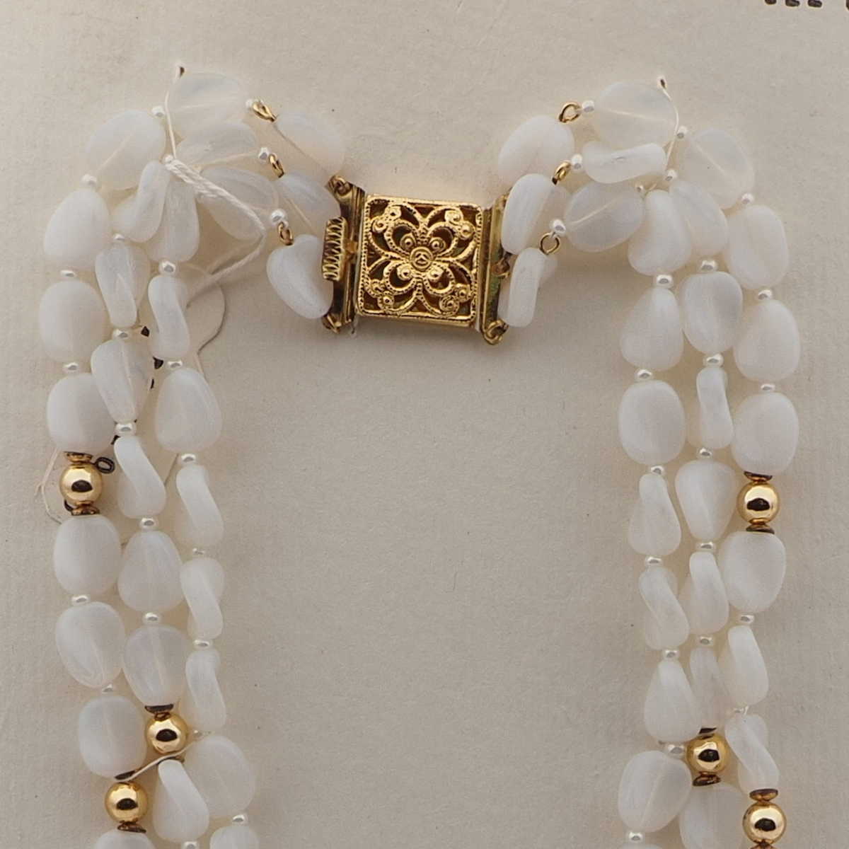 Vintage Czech 3 strand necklace opaline white gold glass beads 