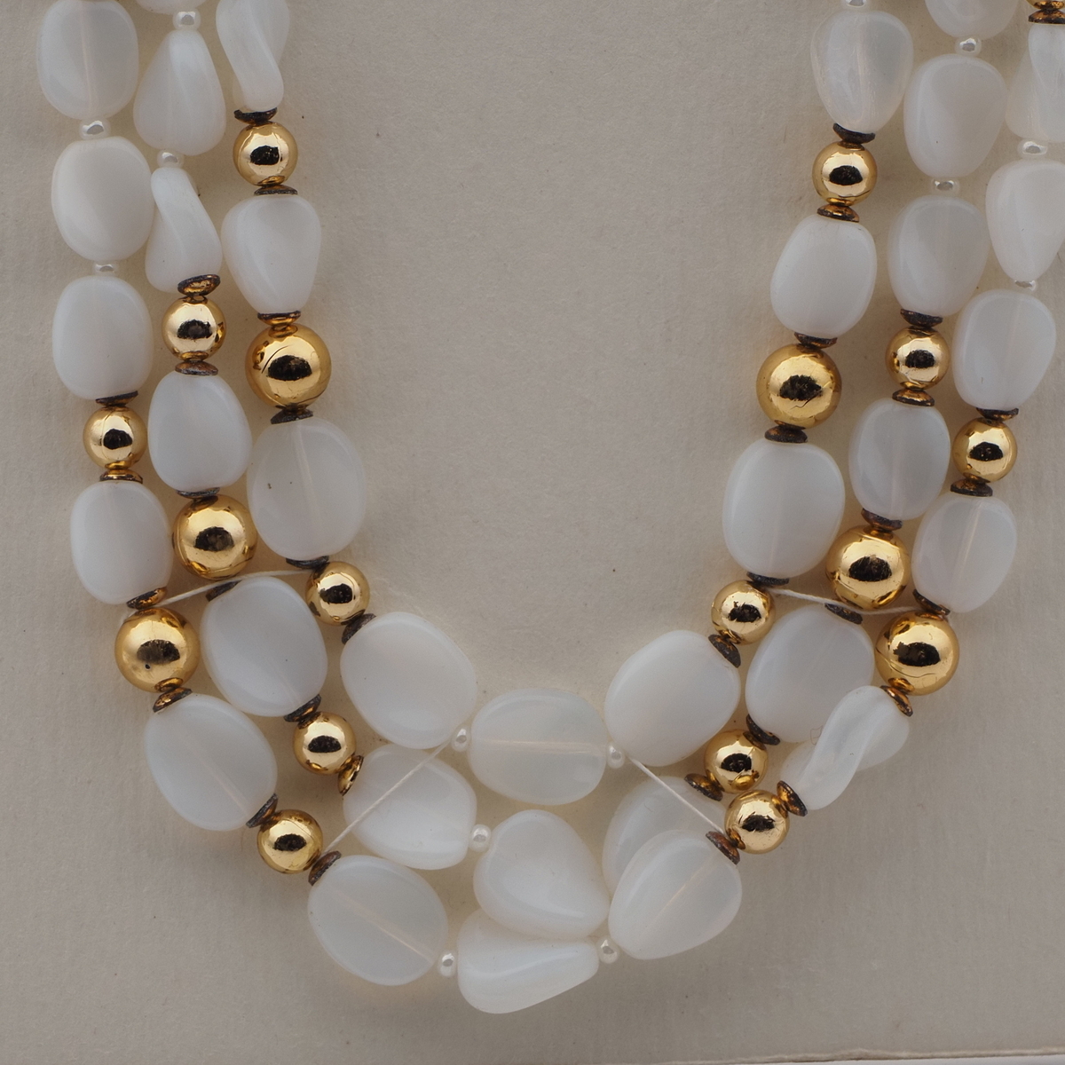Vintage Czech 3 strand necklace opaline white gold glass beads 