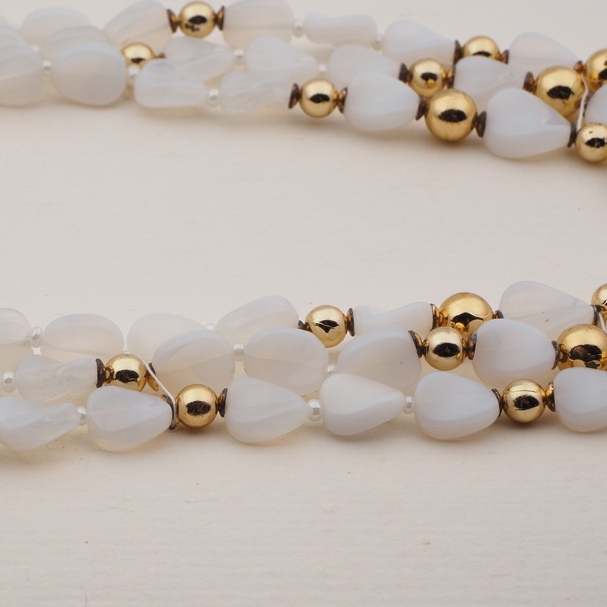 Vintage Czech 3 strand necklace opaline white gold glass beads 