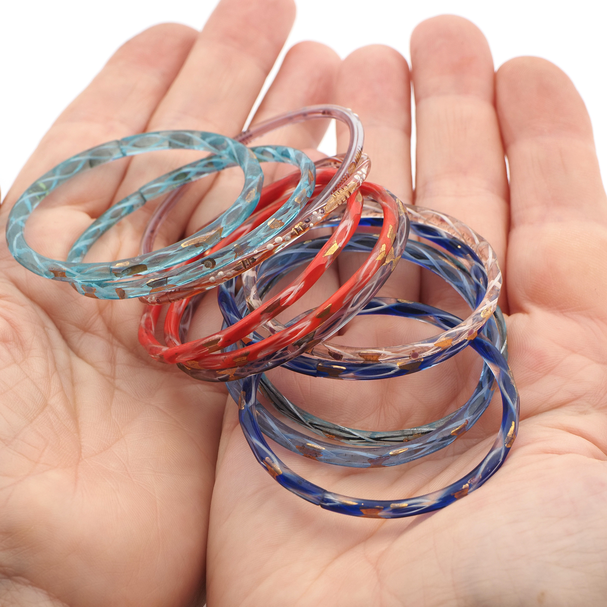 Lot (4) Antique Czech gold gilt purple filigree bicolor faceted glass bangles 
