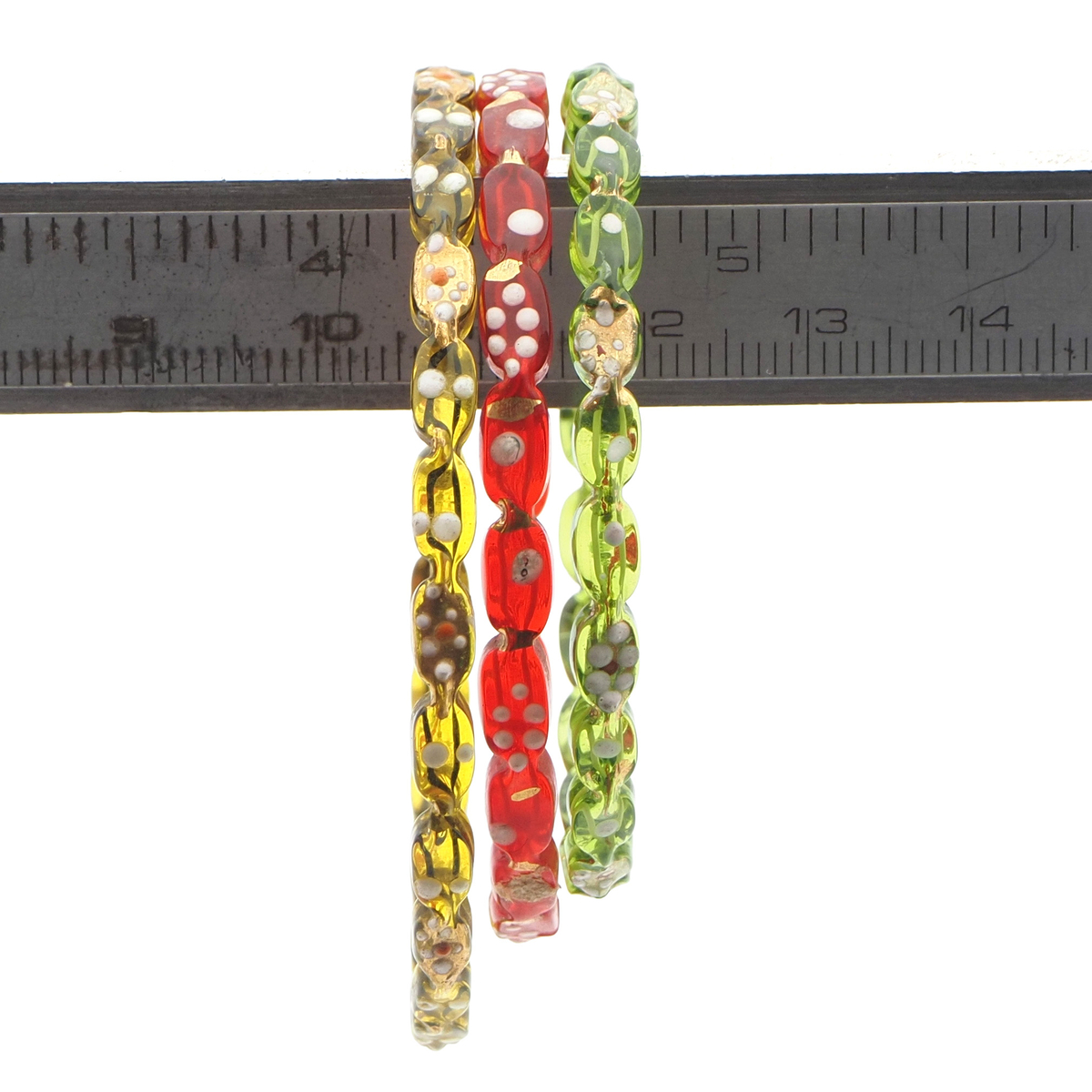 Lot 3 antique Czech red, green, golden yellow glass bangles with gold gilt enamel painting 