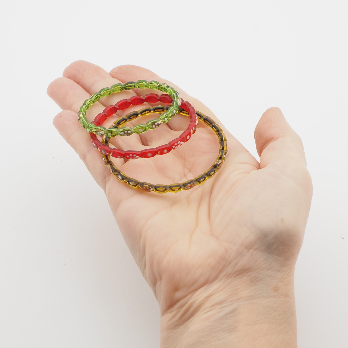 Lot 3 antique Czech red, green, golden yellow glass bangles with gold gilt enamel painting 