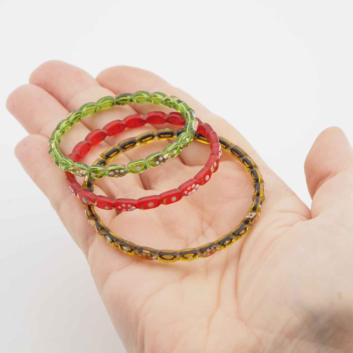 Lot 3 antique Czech red, green, golden yellow glass bangles with gold gilt enamel painting 