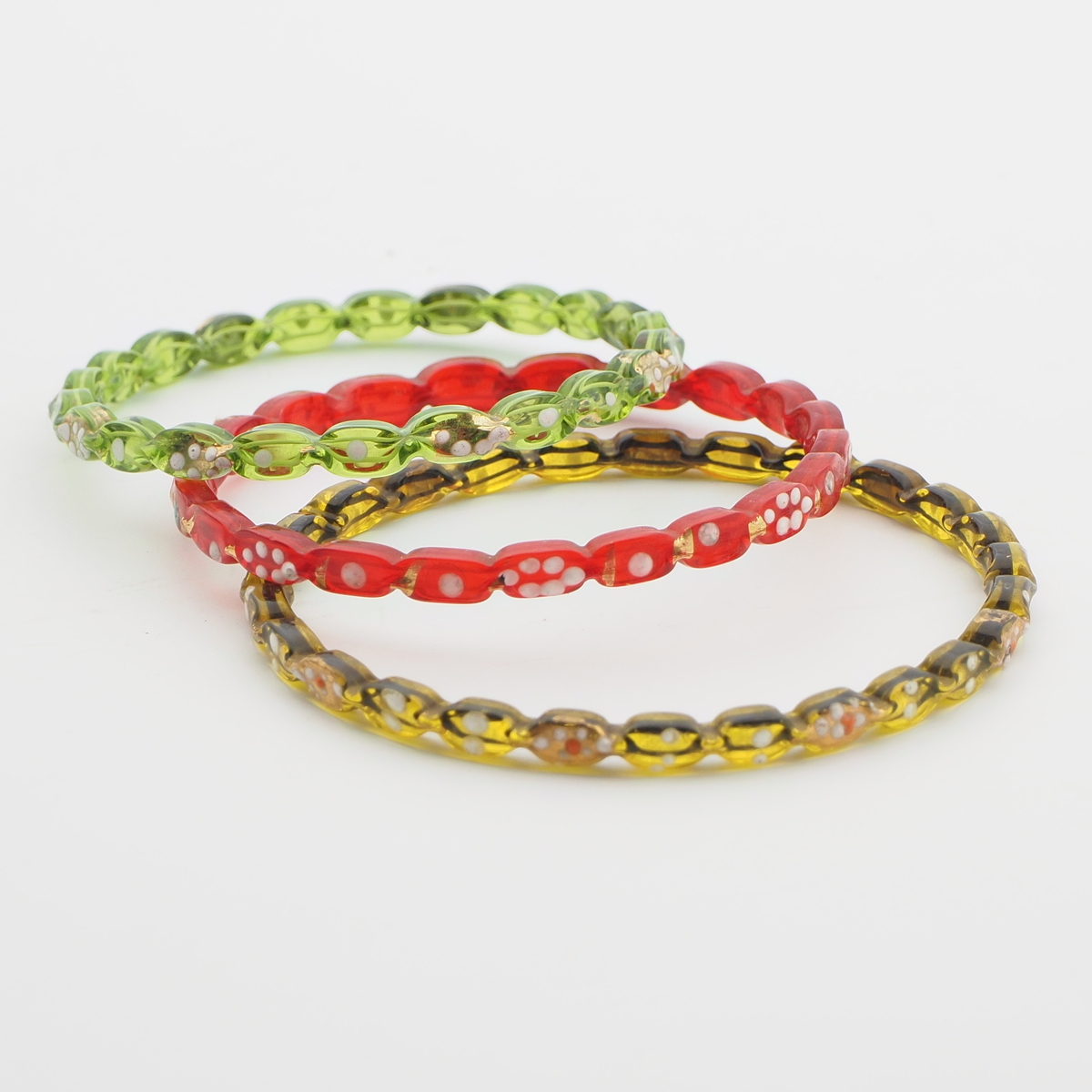 Lot 3 antique Czech red, green, golden yellow glass bangles with gold gilt enamel painting 
