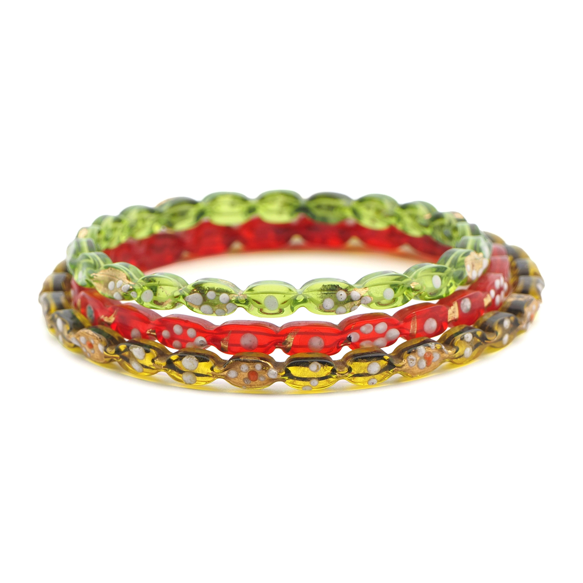Lot 3 antique Czech red, green, golden yellow glass bangles with gold gilt enamel painting 