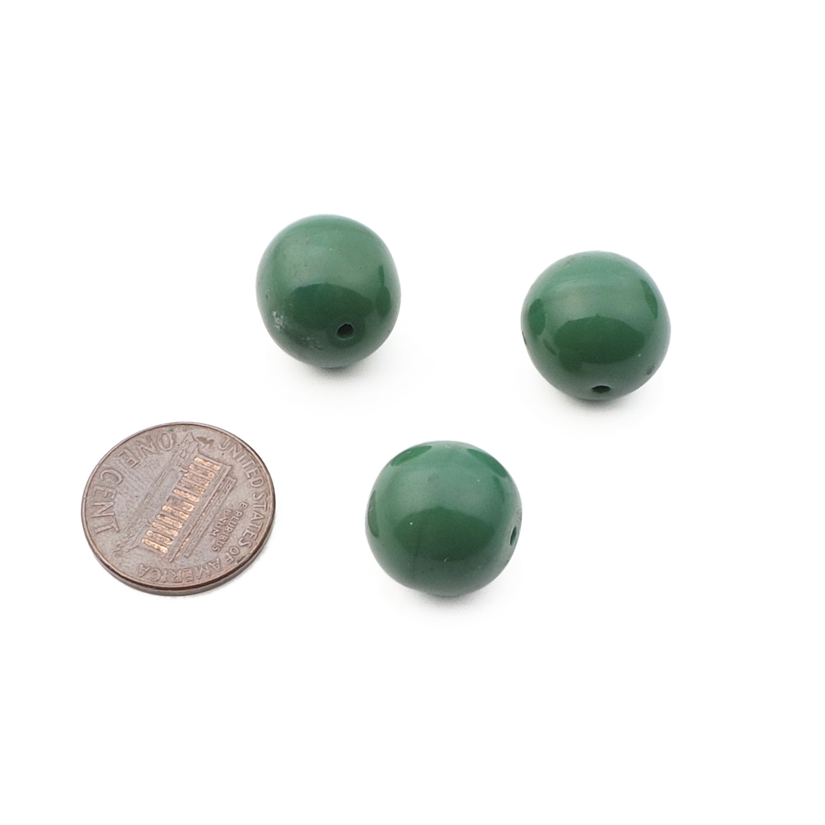Lot (3) Czech large hand molded round green glass beads 15mm