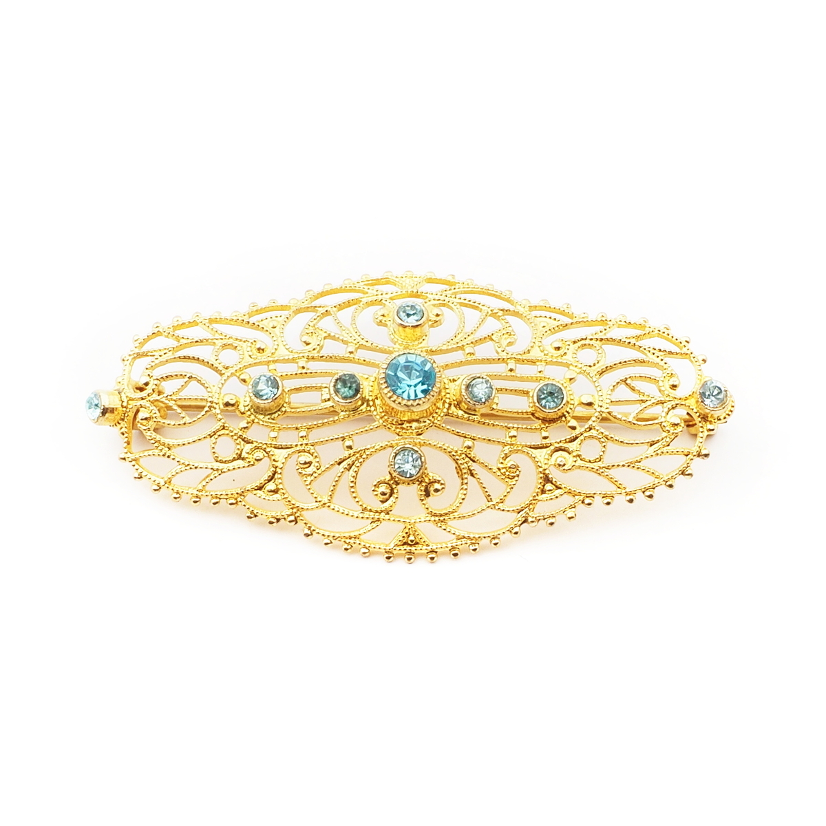 Vintage Czech gold metal blue glass rhinestone filigree pin brooch