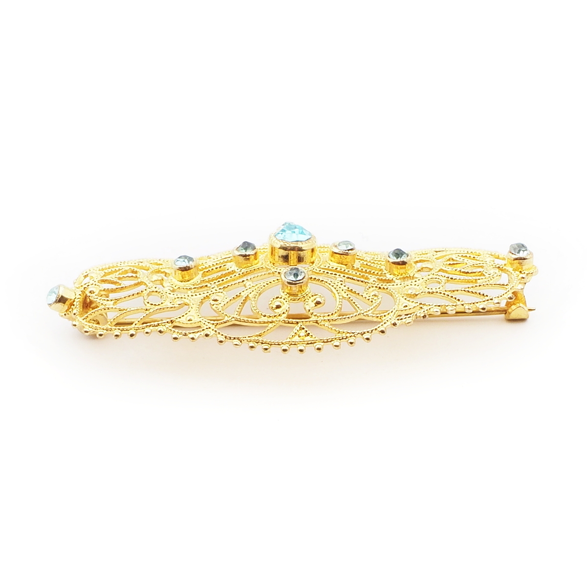 Vintage Czech gold metal blue glass rhinestone filigree pin brooch
