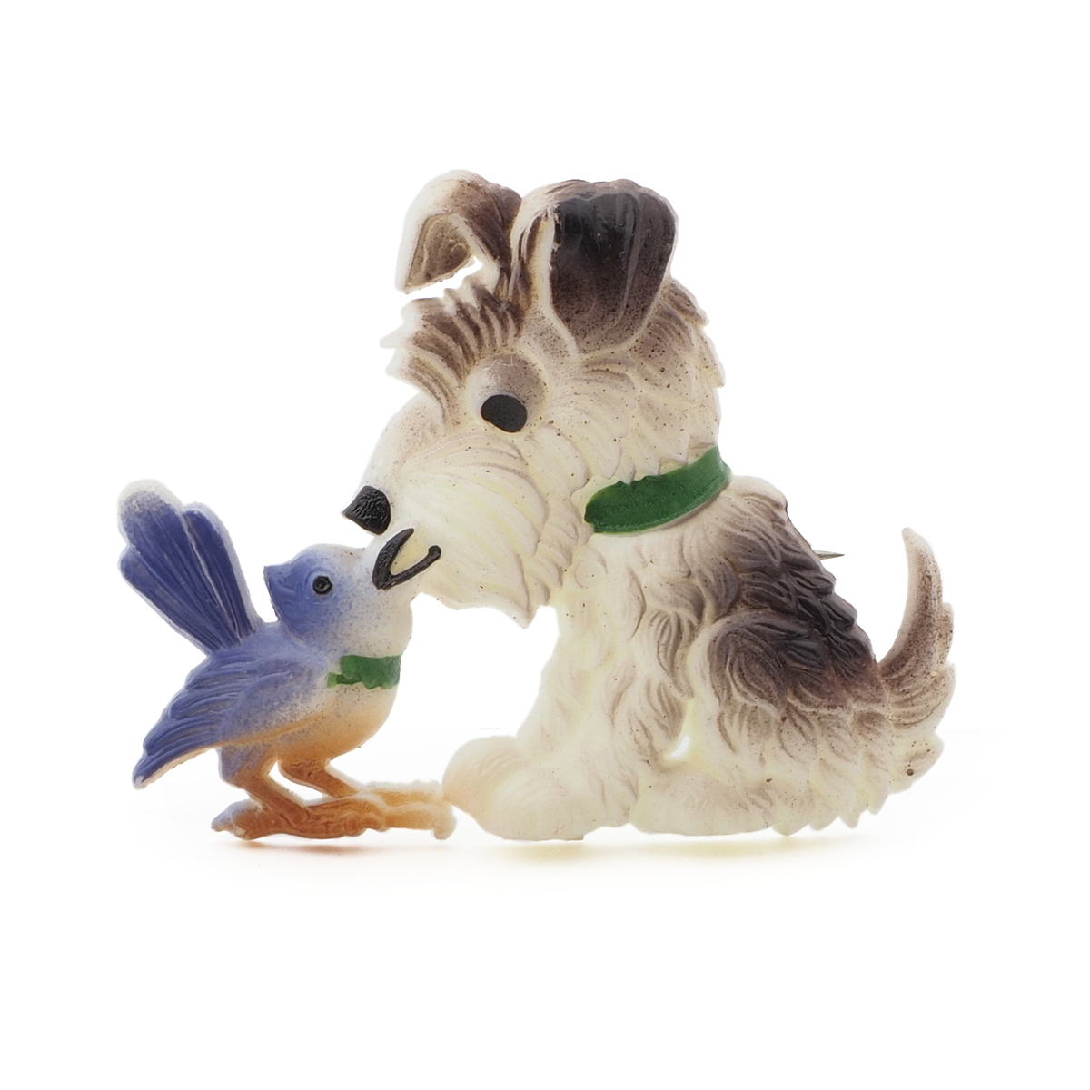 Vintage Deco 30's celluloid terrier dog bird pin brooch green collar 