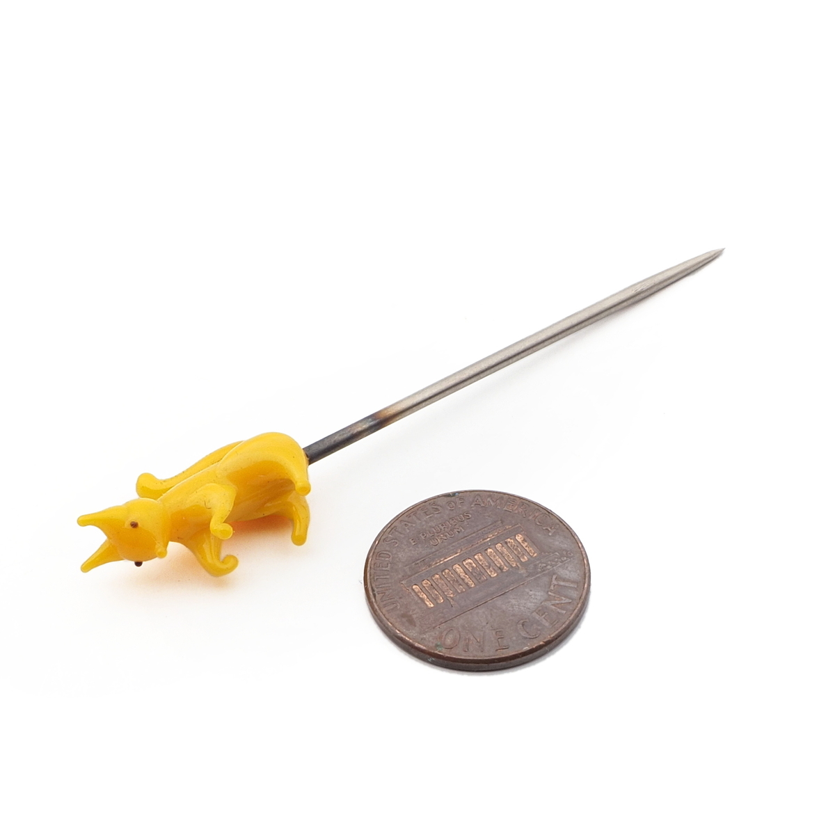 Vintage Czech lampwork yellow glass squirrel hat pin
