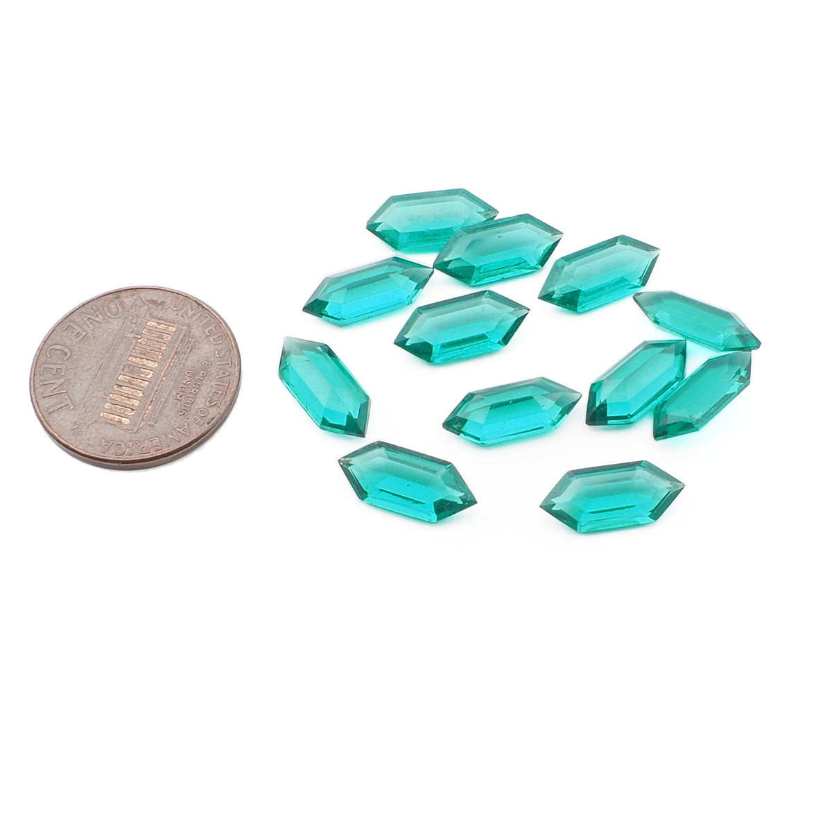 Lot (12) Czech vintage green hexagon glass rhinestones 13x6mm
