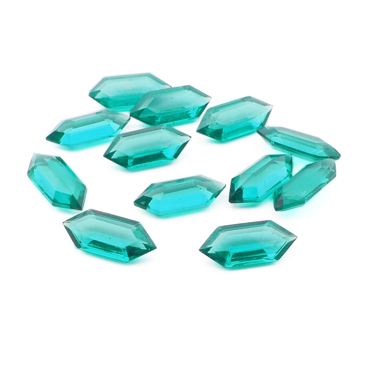 Lot (12) Czech vintage green hexagon glass rhinestones 13x6mm