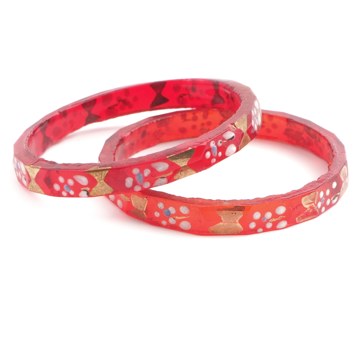 Lot (2) Antique Czech gold gilt and enamel red glass bangles rings 43mm