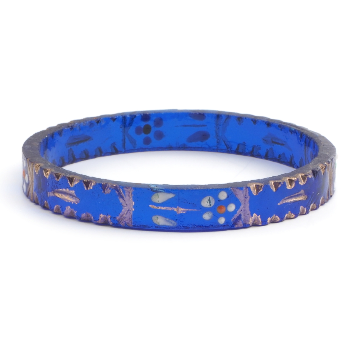 Antique 19th century Czech gold gilt and enamel cobalt blue glass bangle ring