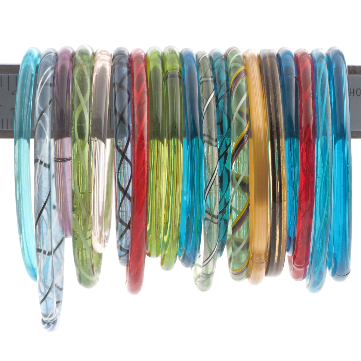 Lot (19) antique Czech transparent bicolor filigree glass bangles hoops rings