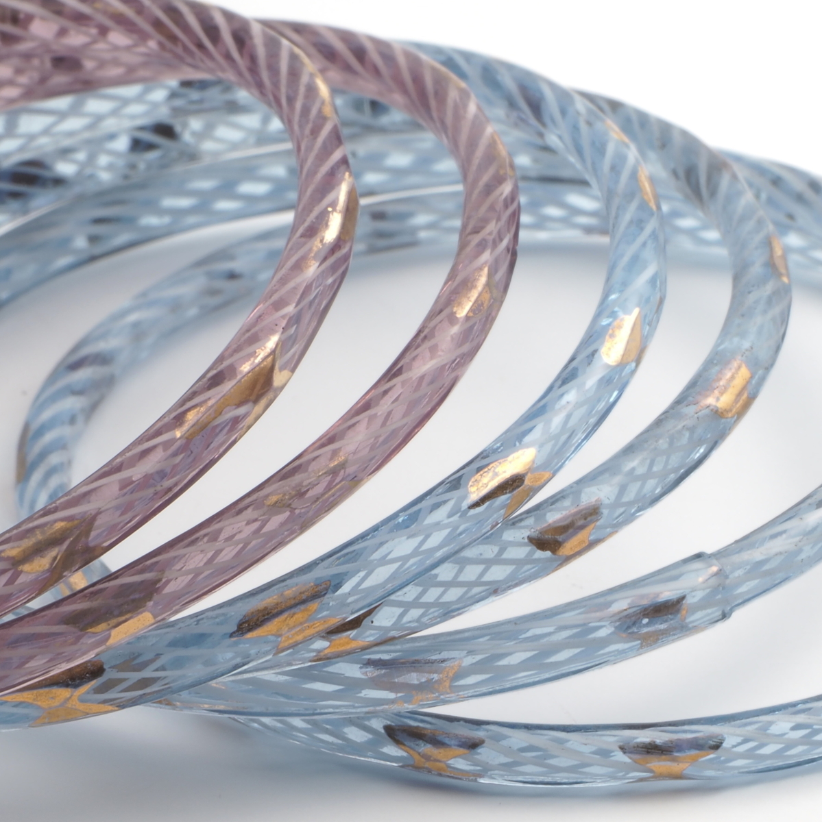 Lot (6) antique Czech gold gilt filigree spiral bicolor blue purple glass bangles hoops rings